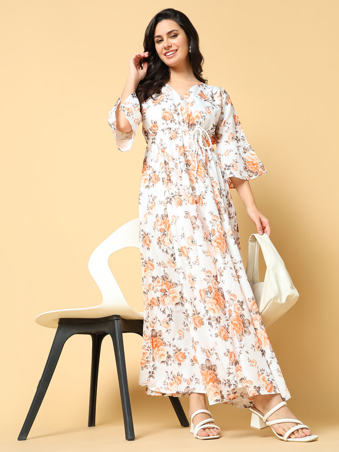Women's Orange Floral Print Bell Sleeve Fit & Flare Maxi Dress