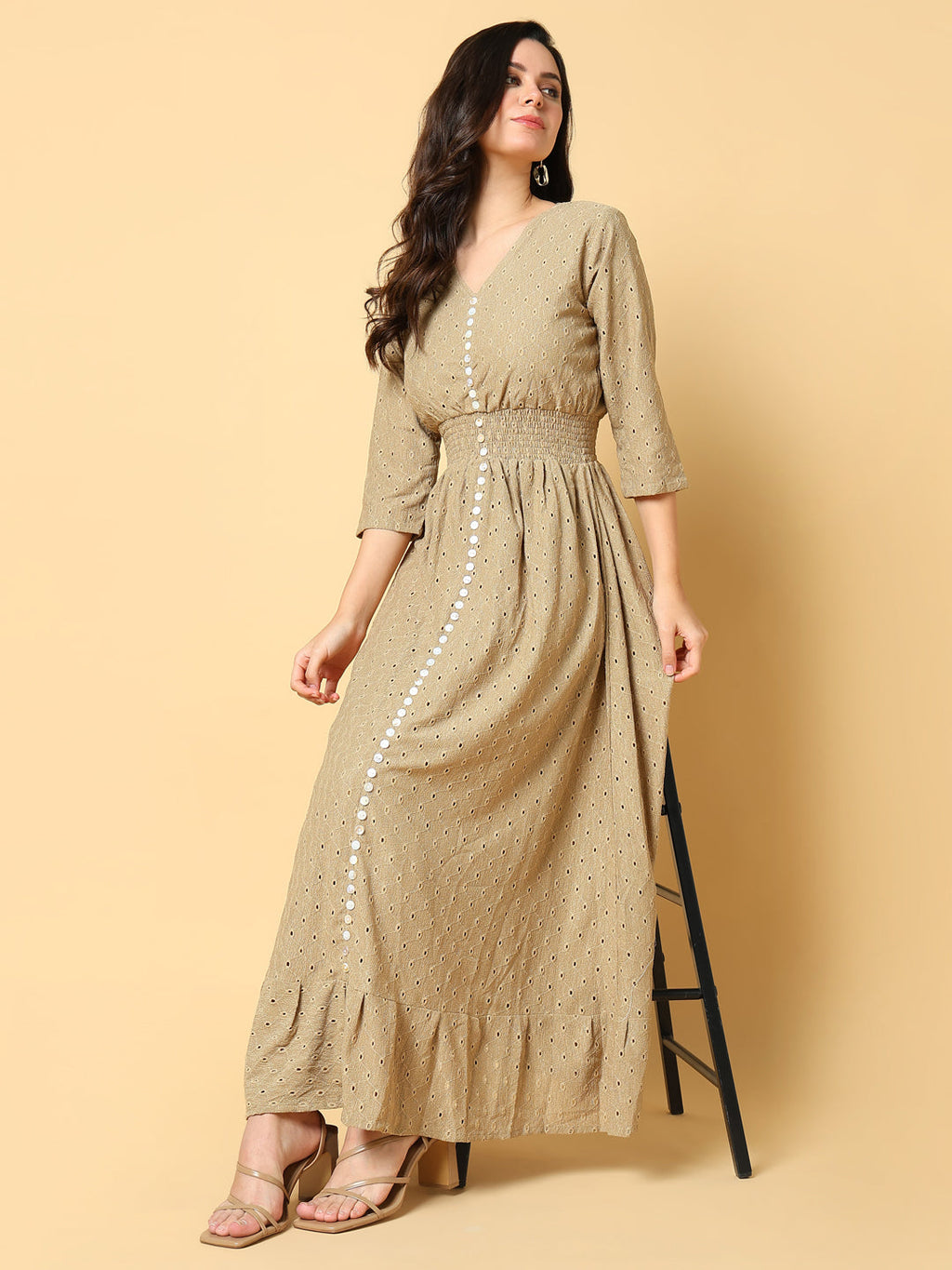 Women's Beige Self Design Fit & Flare Maxi Dress
