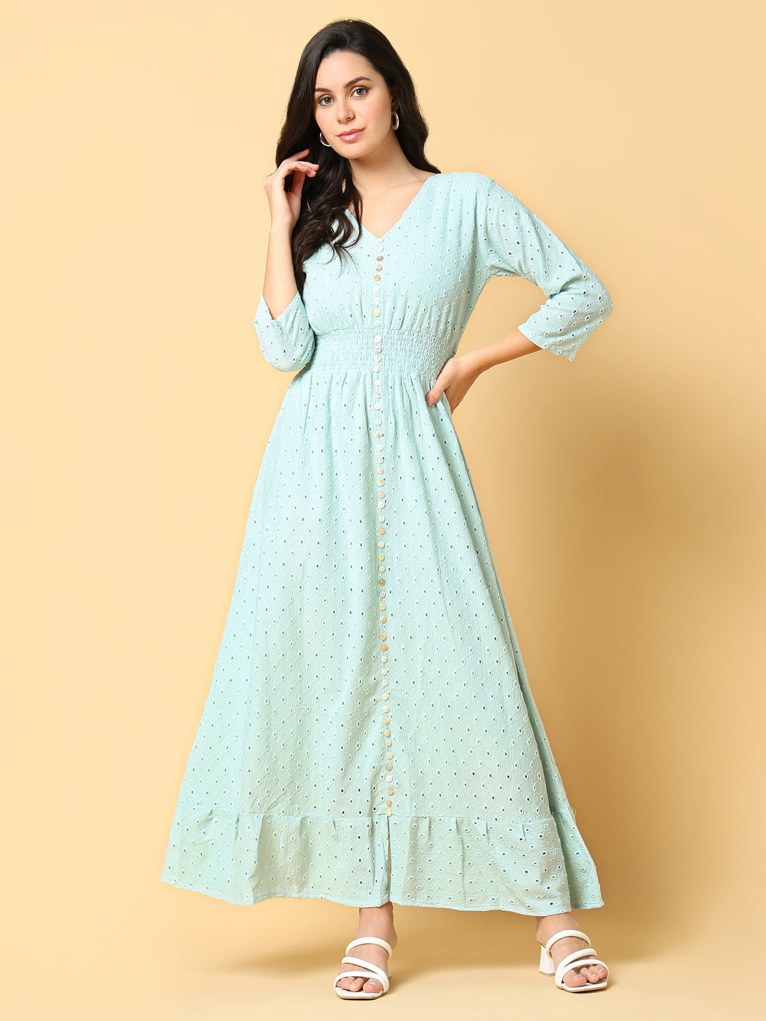Women's Sea Green Self Design Fit & Flare Maxi Dress