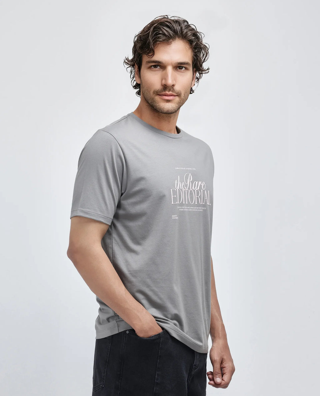 Rare Rabbit Men's Edit Dusky Grey Cotton Blend Graphic Print Regular Fit Half Sleeve Crew Neck T-Shirt