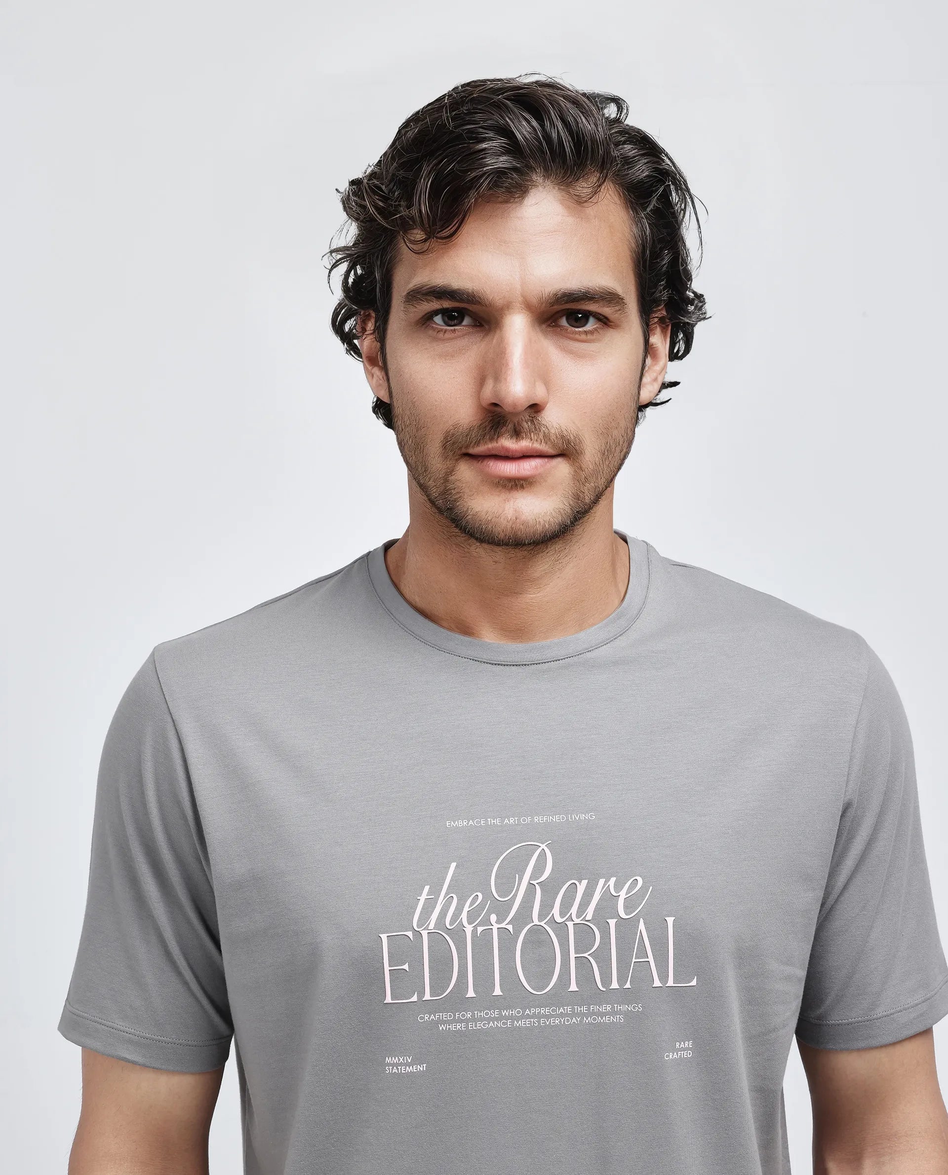 Rare Rabbit Men's Edit Dusky Grey Cotton Blend Graphic Print Regular Fit Half Sleeve Crew Neck T-Shirt