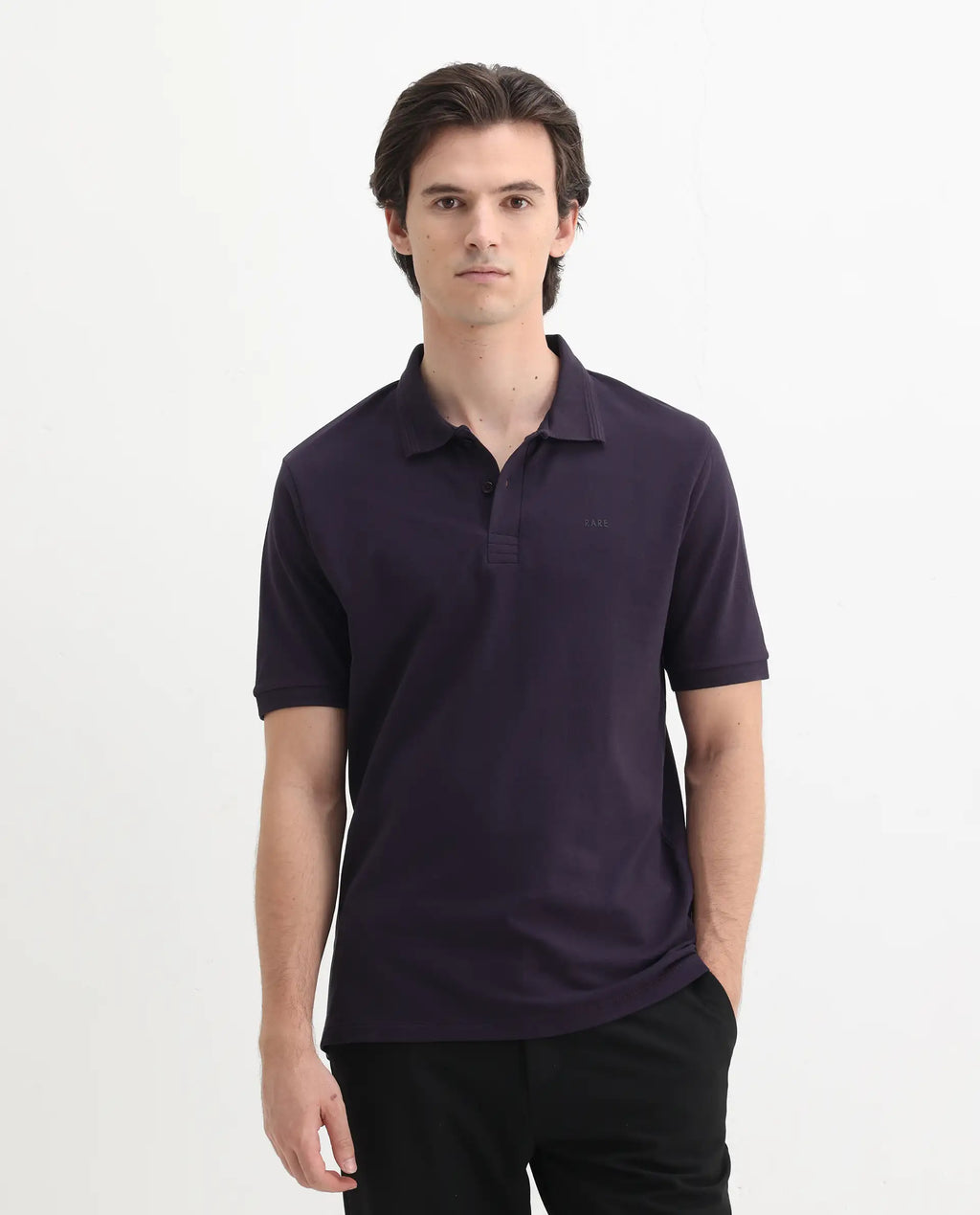 Rare Rabbit Men's Elixir Dark Purple Cotton Blend Plain Regular Fit Half Sleeve Polo