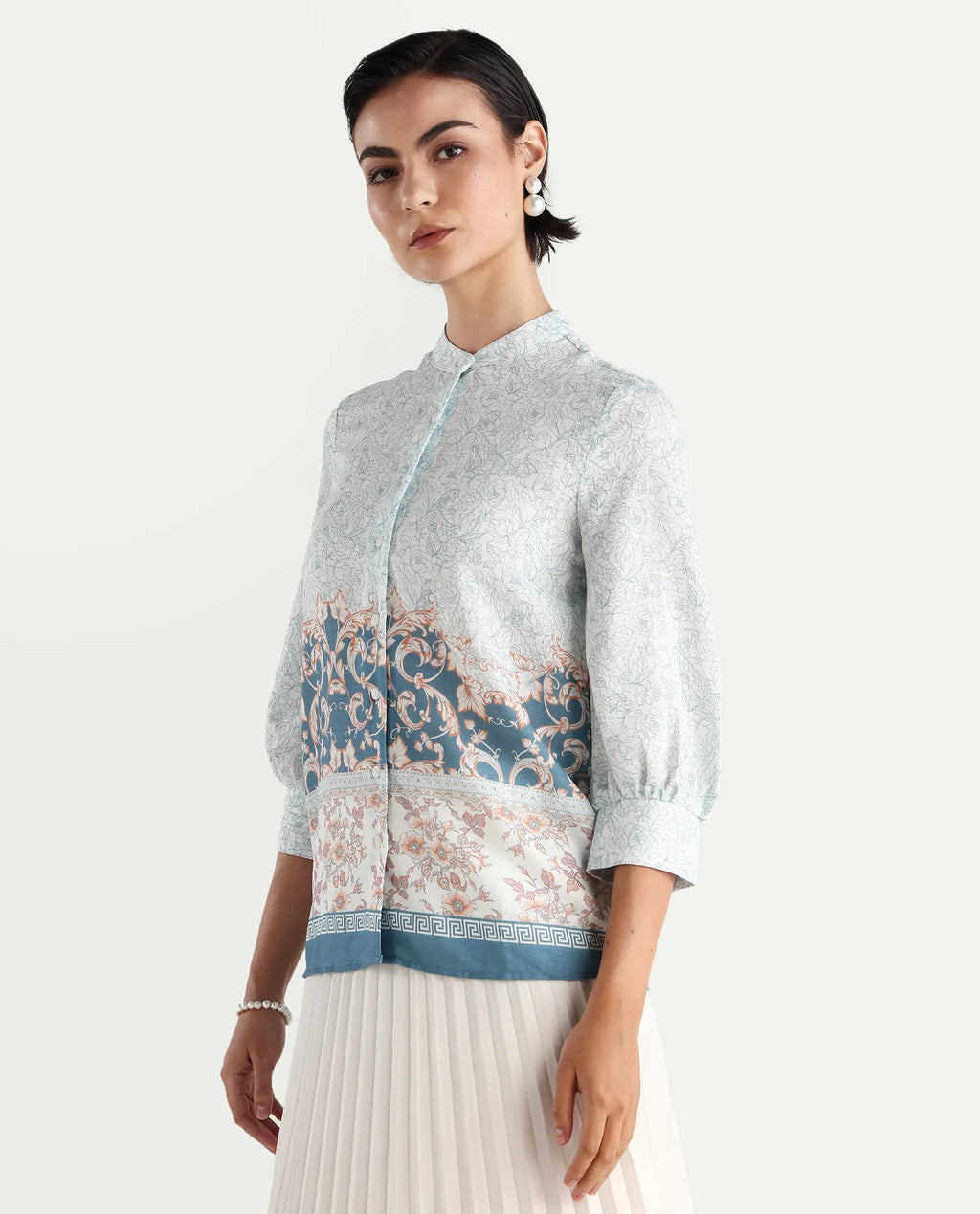 Rareism Women's Epica Multi Polyester Blend Abstract Print Cuffed Sleeve Regular Fit Top