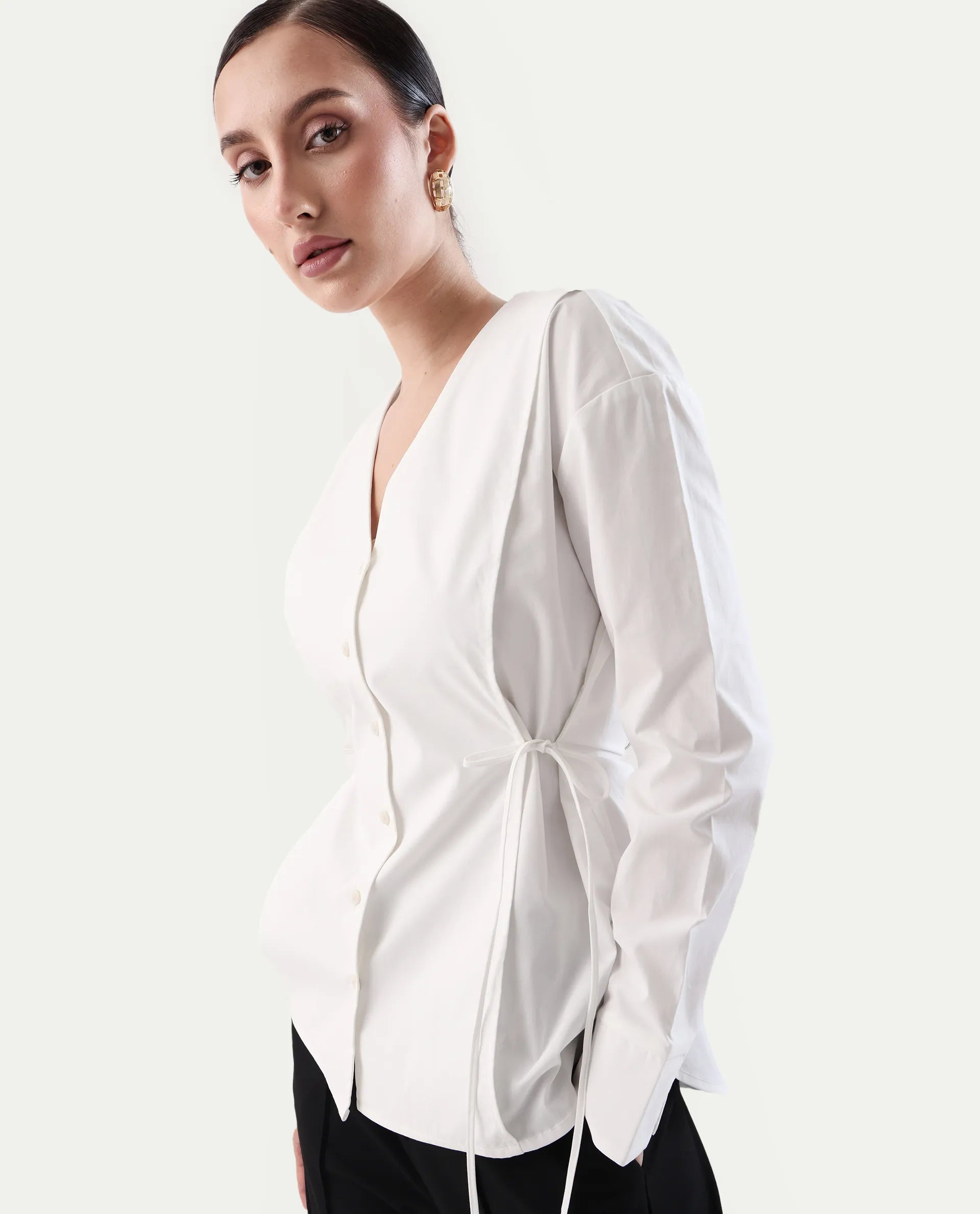 Rareism Women's Epled White Cotton Crew Neck Plain Cuffed Sleeve Regular Fit Top