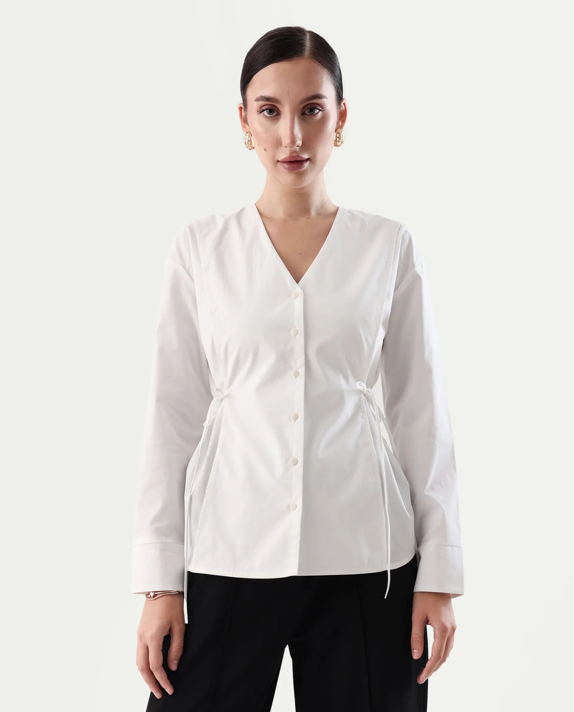 Rareism Women's Epled White Cotton Crew Neck Plain Cuffed Sleeve Regular Fit Top