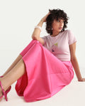 Rareism Women's Eprim Pink Satin Plain Maxi A-Line Skirt