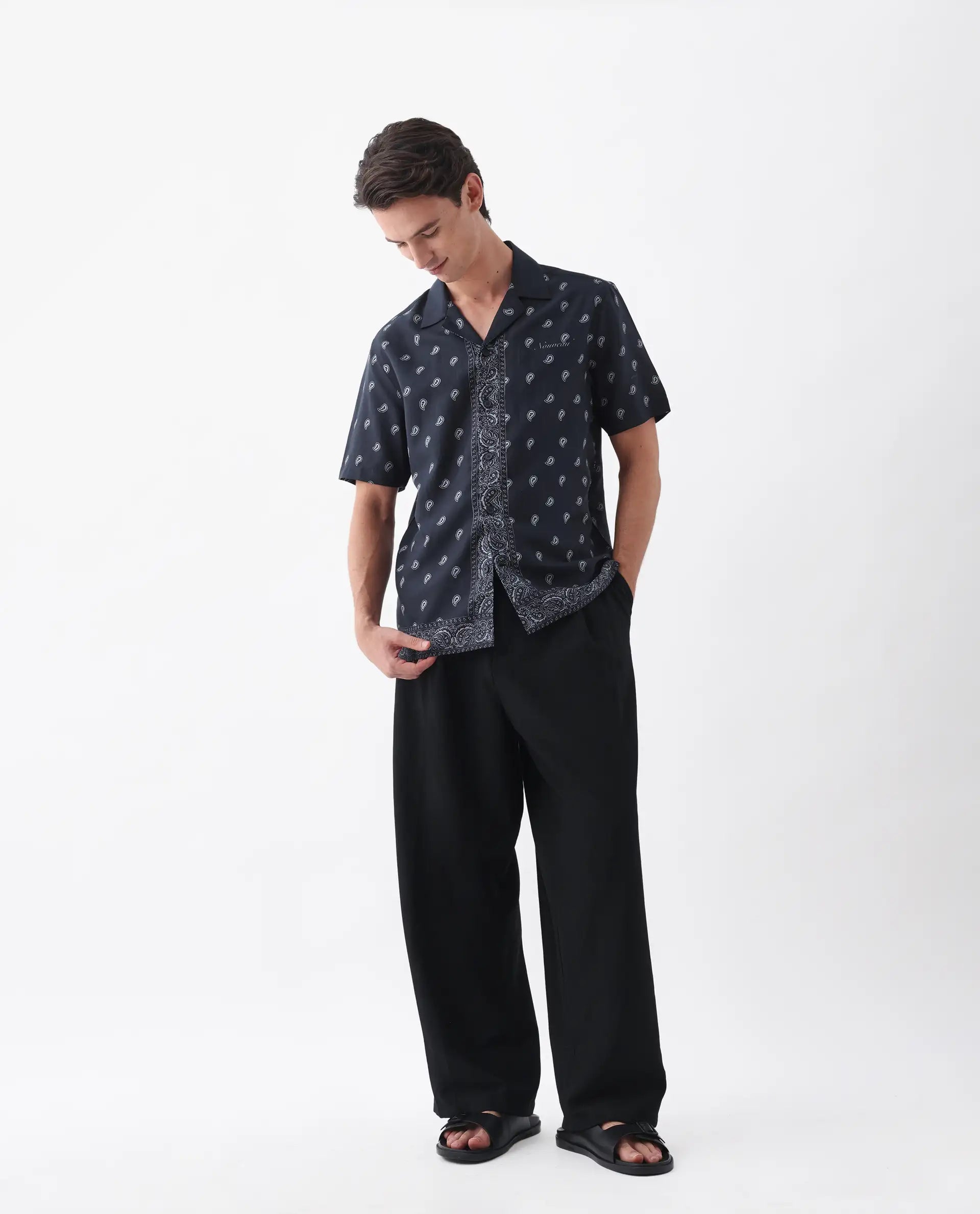 Rare Rabbit Men's Evron Navy Viscose Blend Paisley Print Boxy Fit Half Sleeve Cuban Collar Shirt