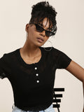 Women's Black Round Neck Cotton Crop Top