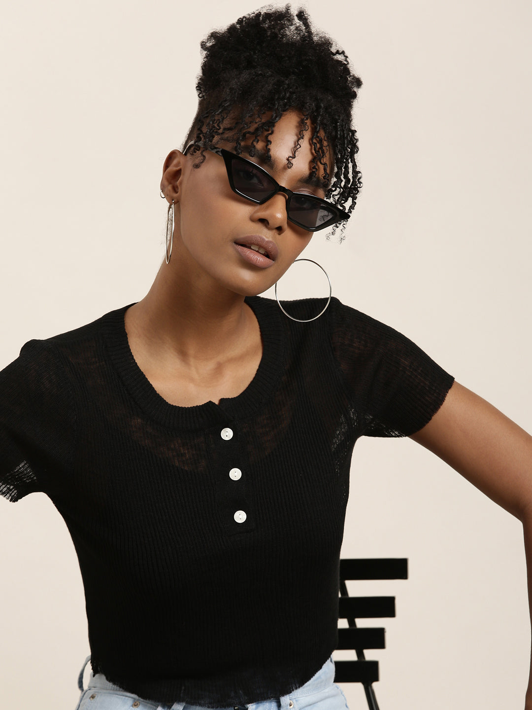 Women's Black Round Neck Cotton Crop Top