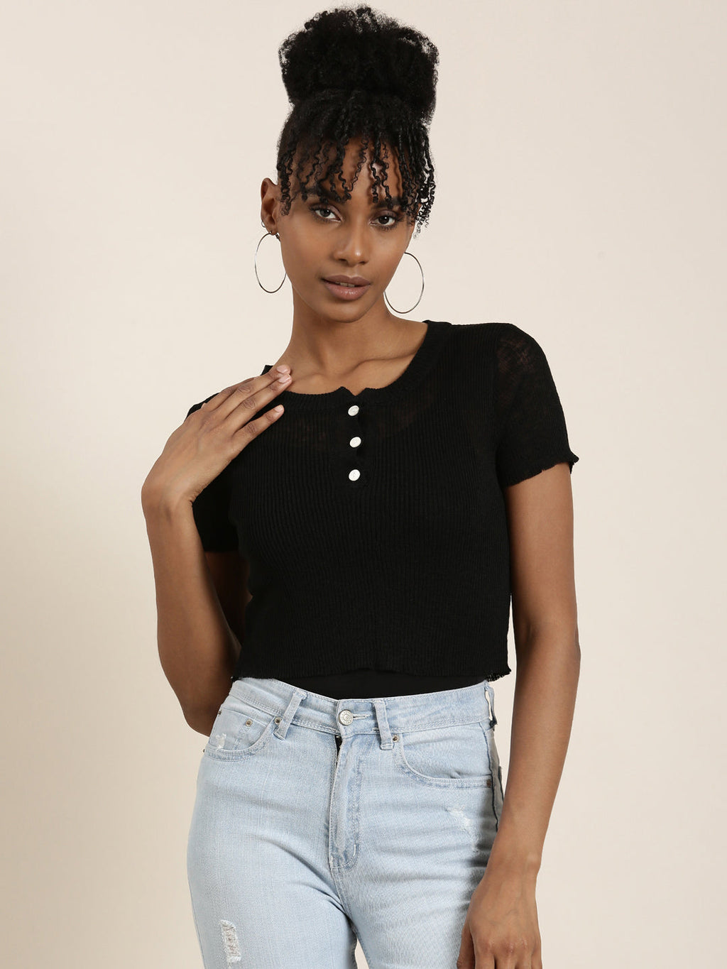 Women's Black Round Neck Cotton Crop Top