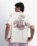 Rare Rabbit Men's Fluen Off White Cotton Graphic Print Oversized Fit Half Sleeve Crew Neck T-Shirt