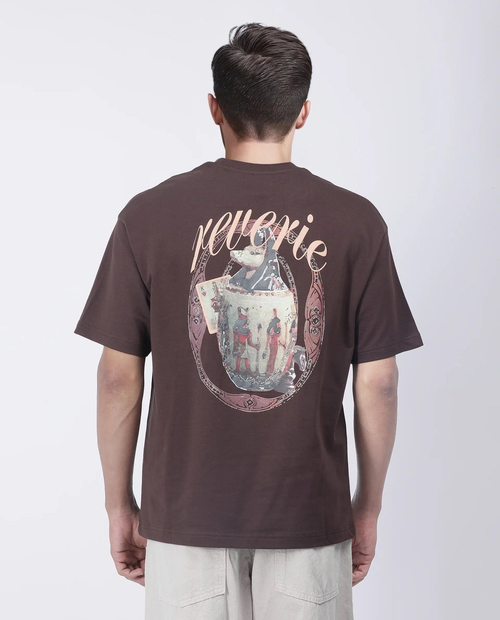 Rare Rabbit Men's Fluen Brown Cotton Graphic Print Oversized Fit Half Sleeve Crew Neck T-Shirt