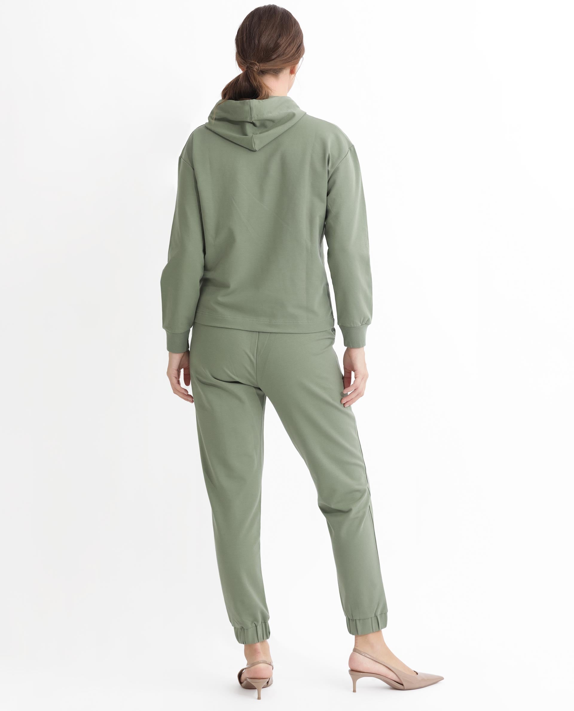 Rareism Women's Flynn Dusky Green Cotton Blend Hooded Plain Regular Fit Sweatshirt