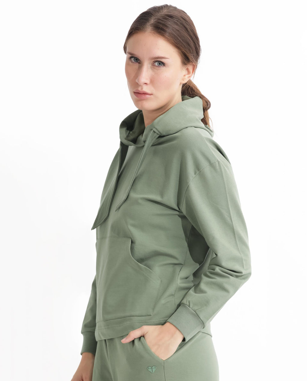 Rareism Women's Flynn Dusky Green Cotton Blend Hooded Plain Regular Fit Sweatshirt