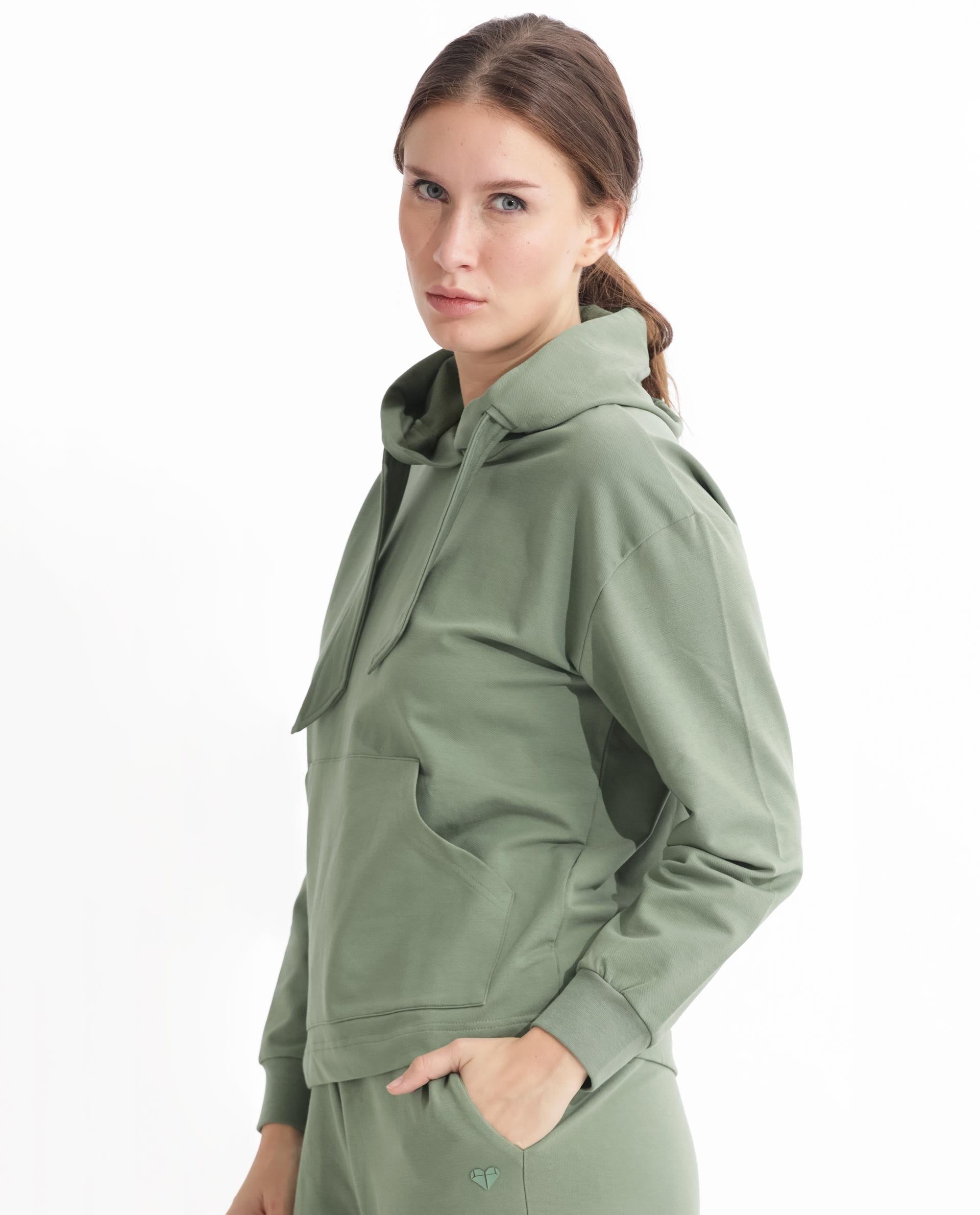 Rareism Women's Flynn Dusky Green Cotton Blend Hooded Plain Regular Fit Sweatshirt