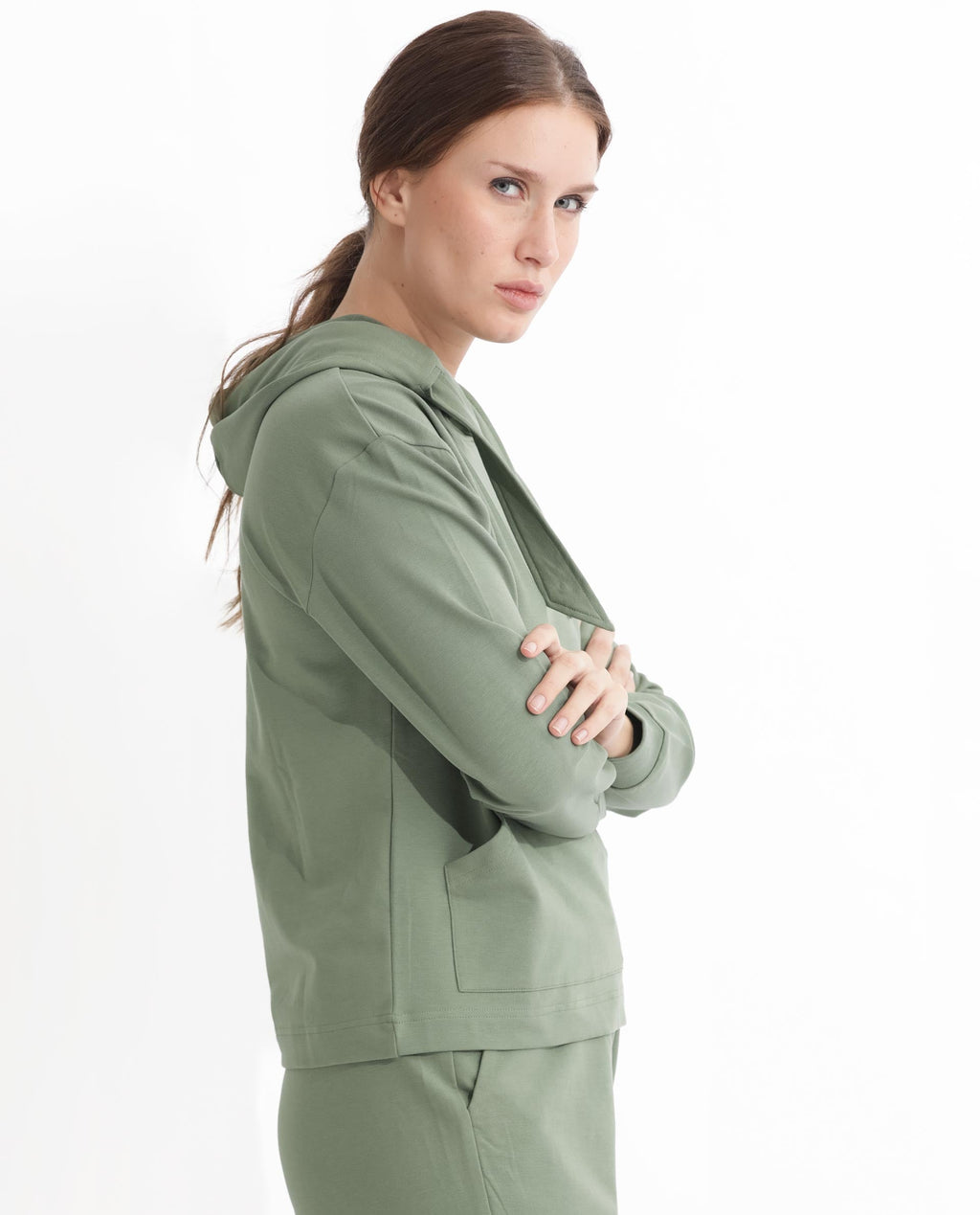 Rareism Women's Flynn Dusky Green Cotton Blend Hooded Plain Regular Fit Sweatshirt