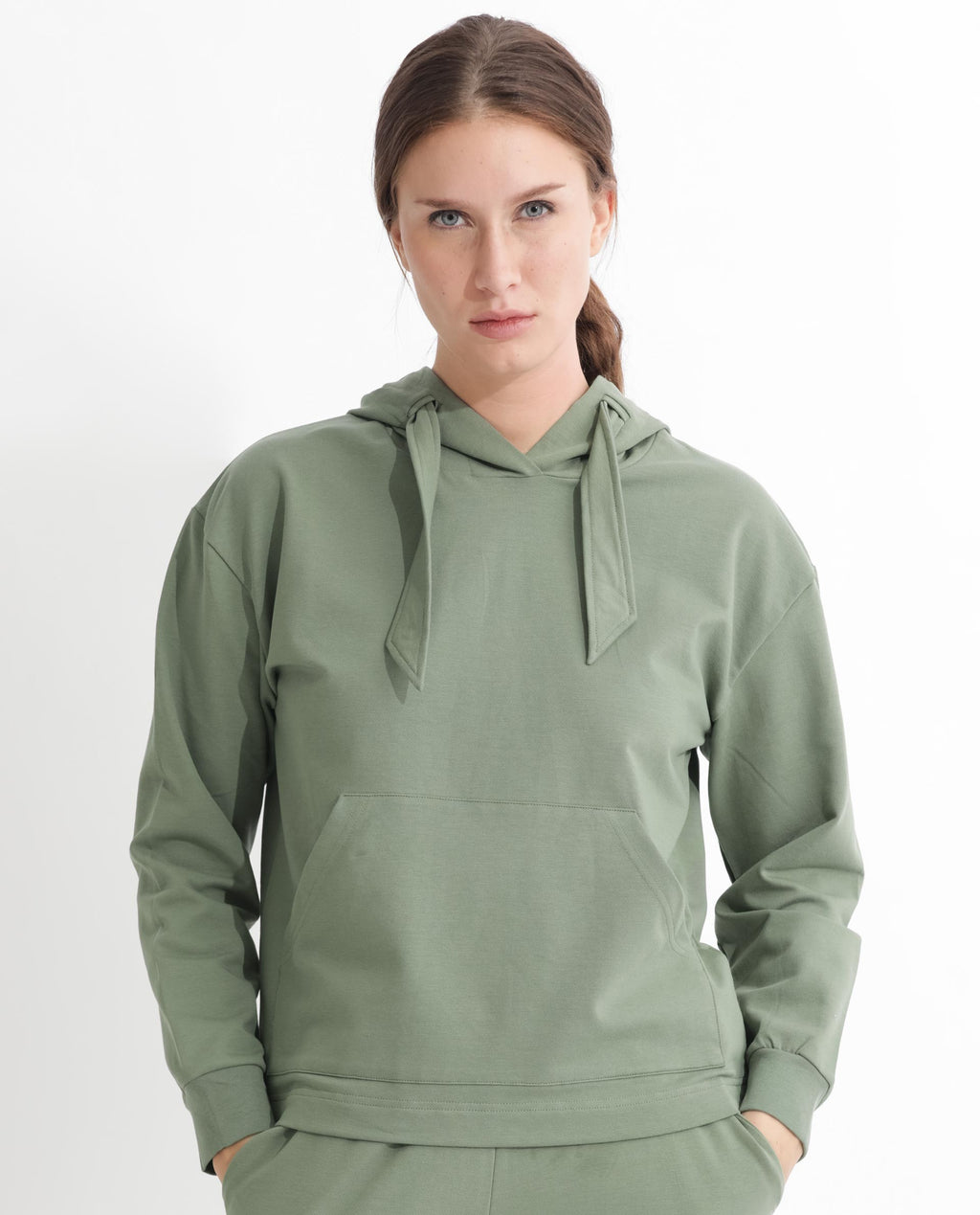 Rareism Women's Flynn Dusky Green Cotton Blend Hooded Plain Regular Fit Sweatshirt