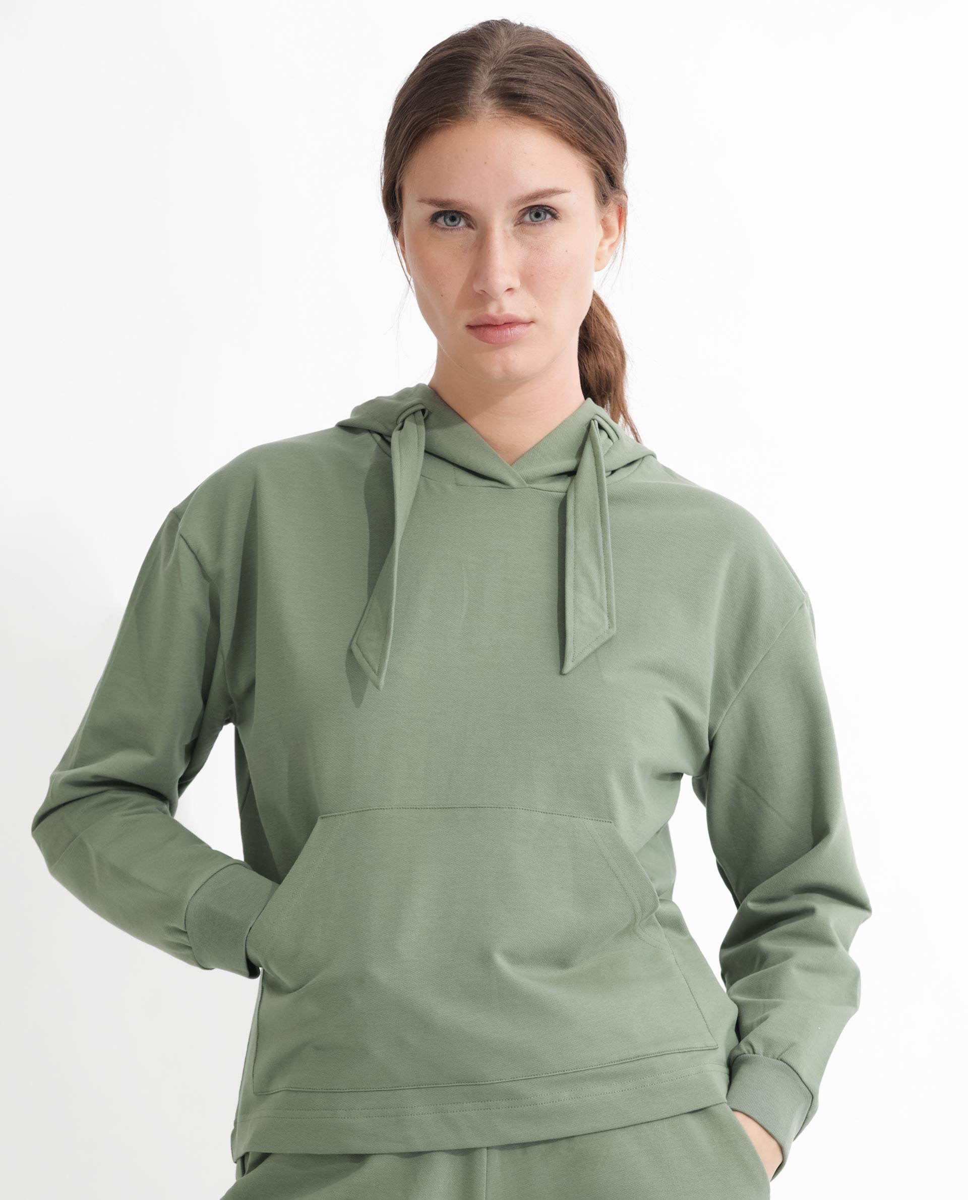 Rareism Women's Flynn Dusky Green Cotton Blend Hooded Plain Regular Fit Sweatshirt