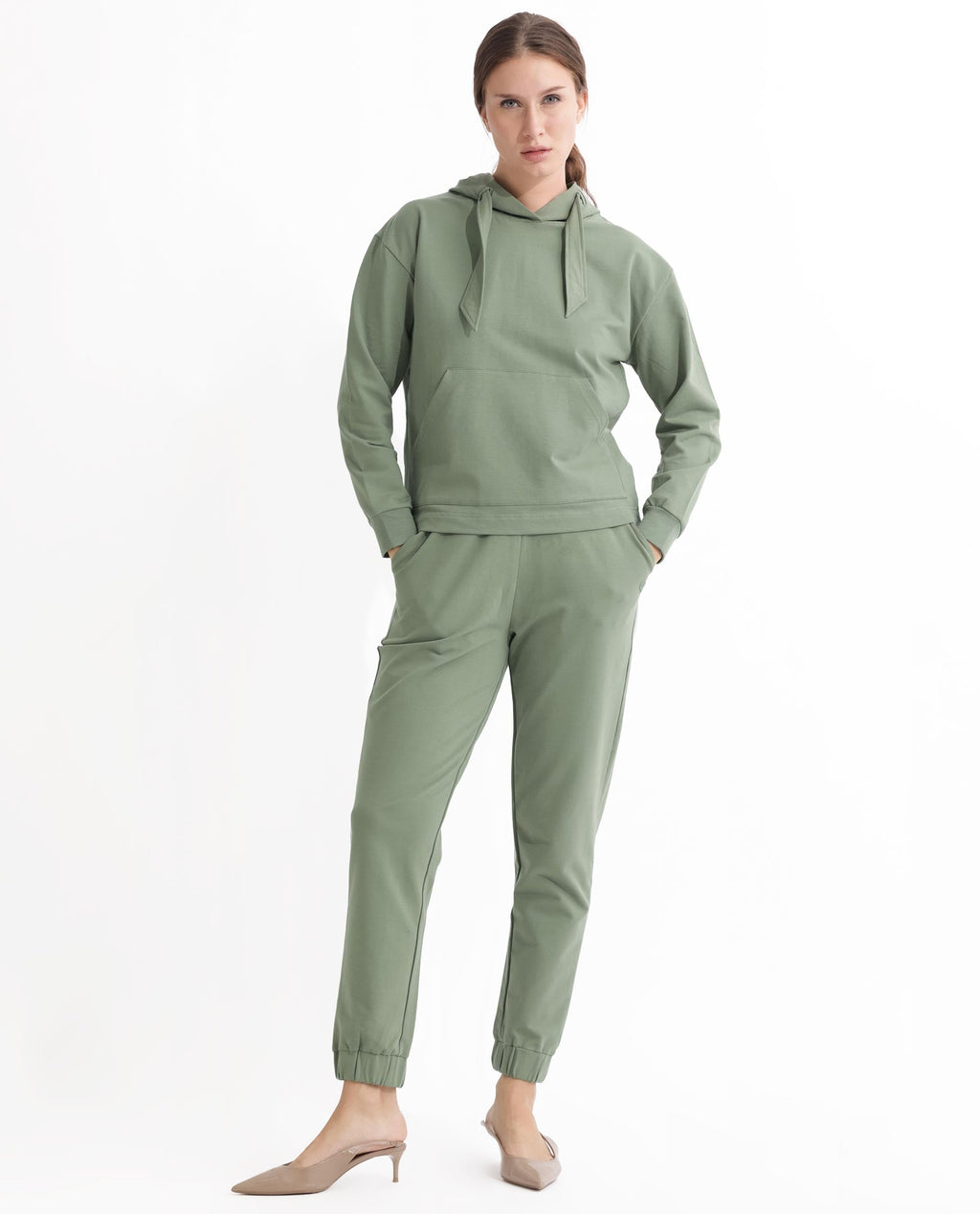 Rareism Women's Flynn Dusky Green Cotton Blend Hooded Plain Regular Fit Sweatshirt