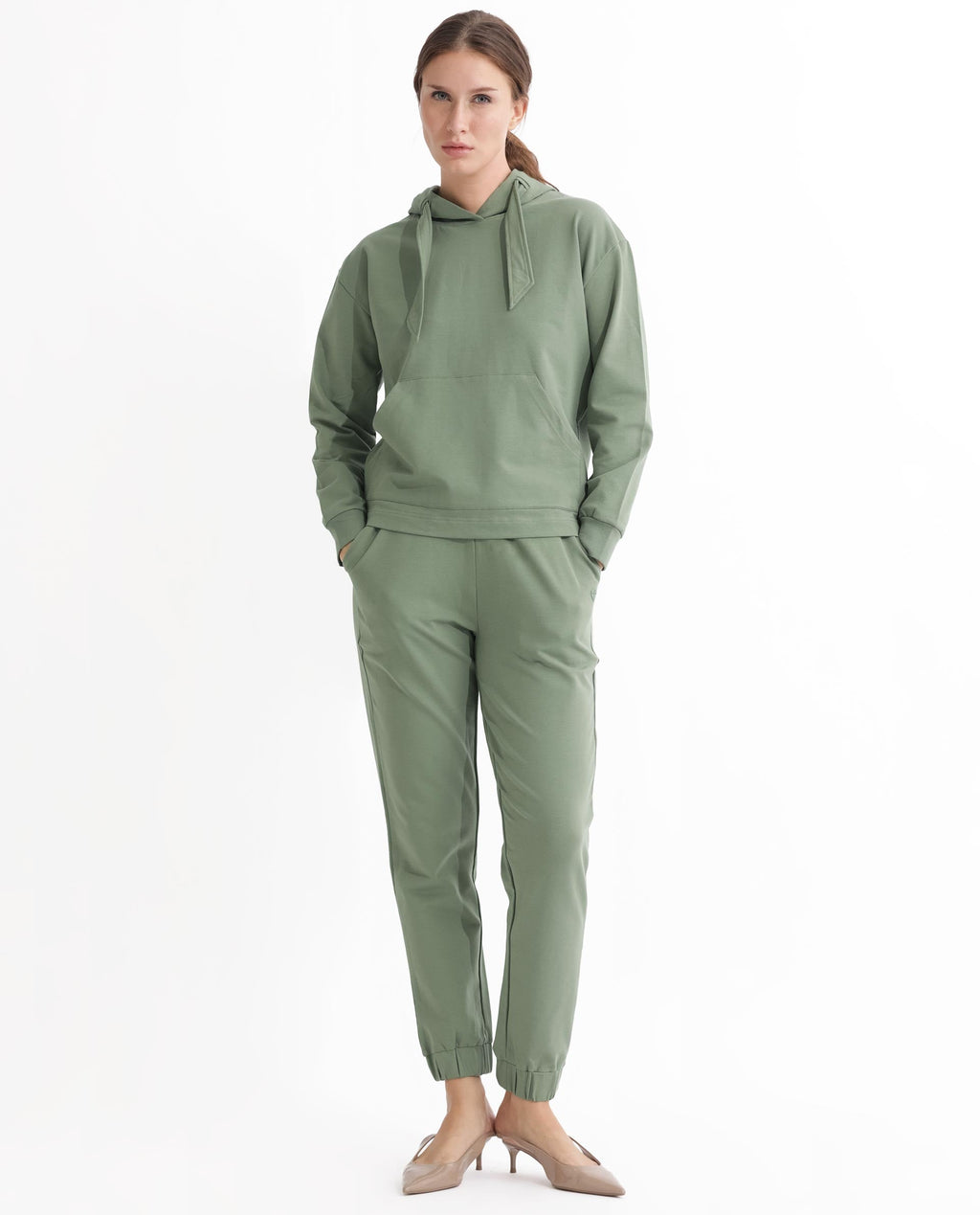 Rareism Women's Flynn Dusky Green Cotton Blend Hooded Plain Regular Fit Sweatshirt
