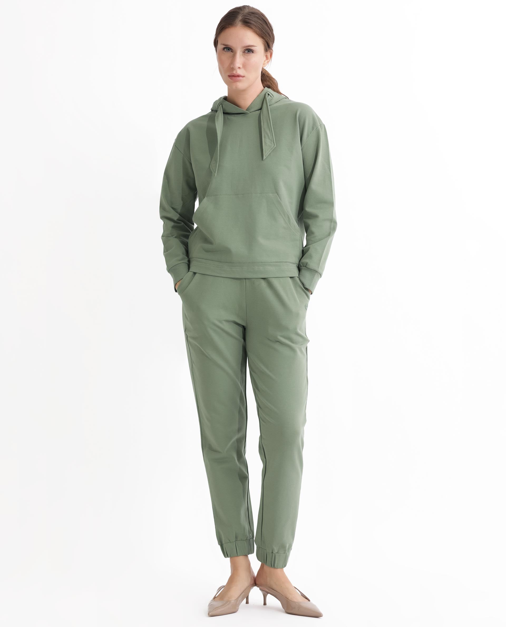 Rareism Women's Flynn Dusky Green Cotton Blend Hooded Plain Regular Fit Sweatshirt