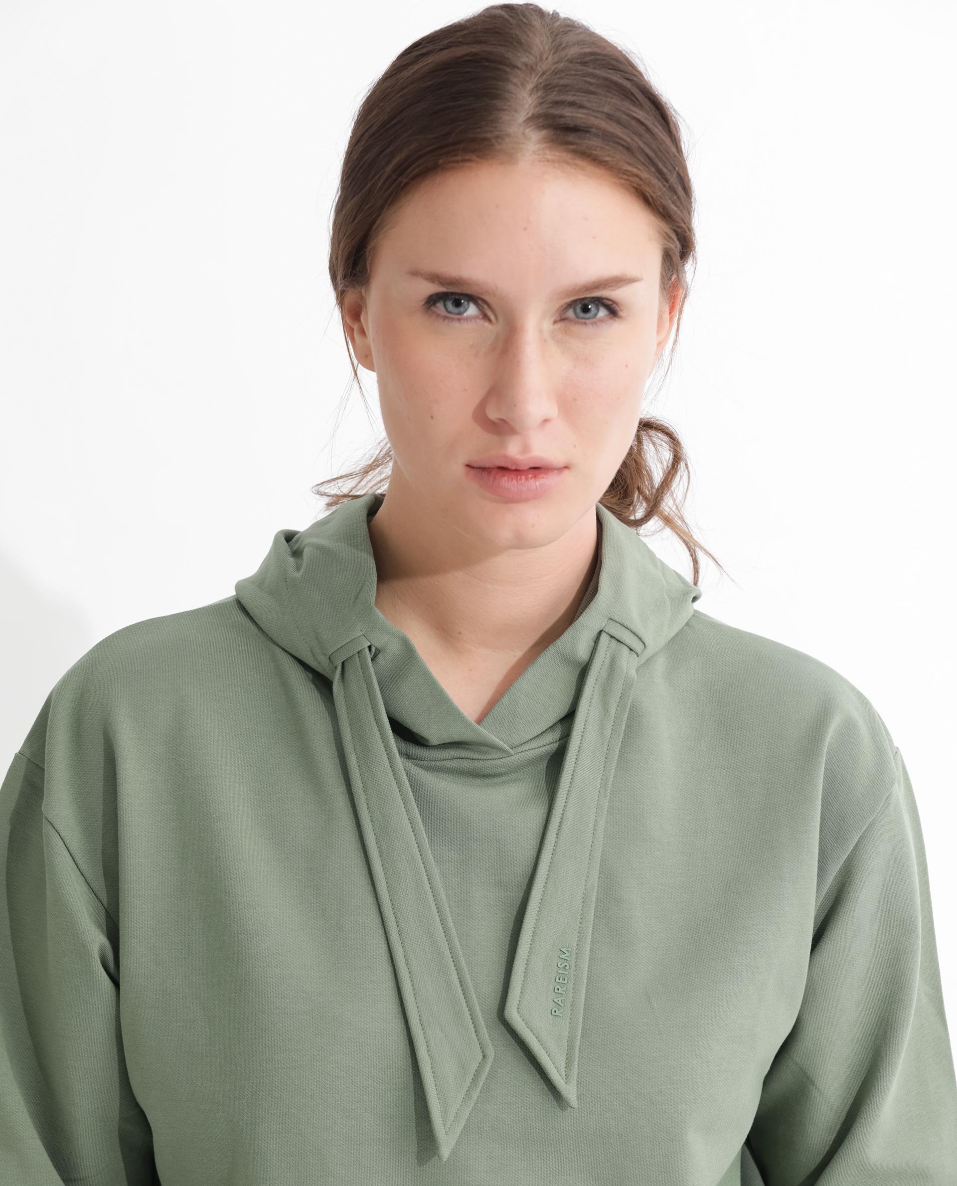 Rareism Women's Flynn Dusky Green Cotton Blend Hooded Plain Regular Fit Sweatshirt