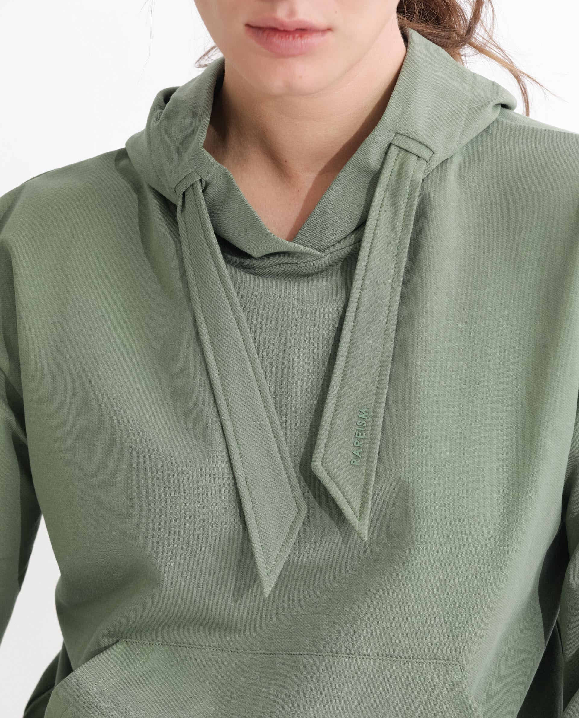 Rareism Women's Flynn Dusky Green Cotton Blend Hooded Plain Regular Fit Sweatshirt