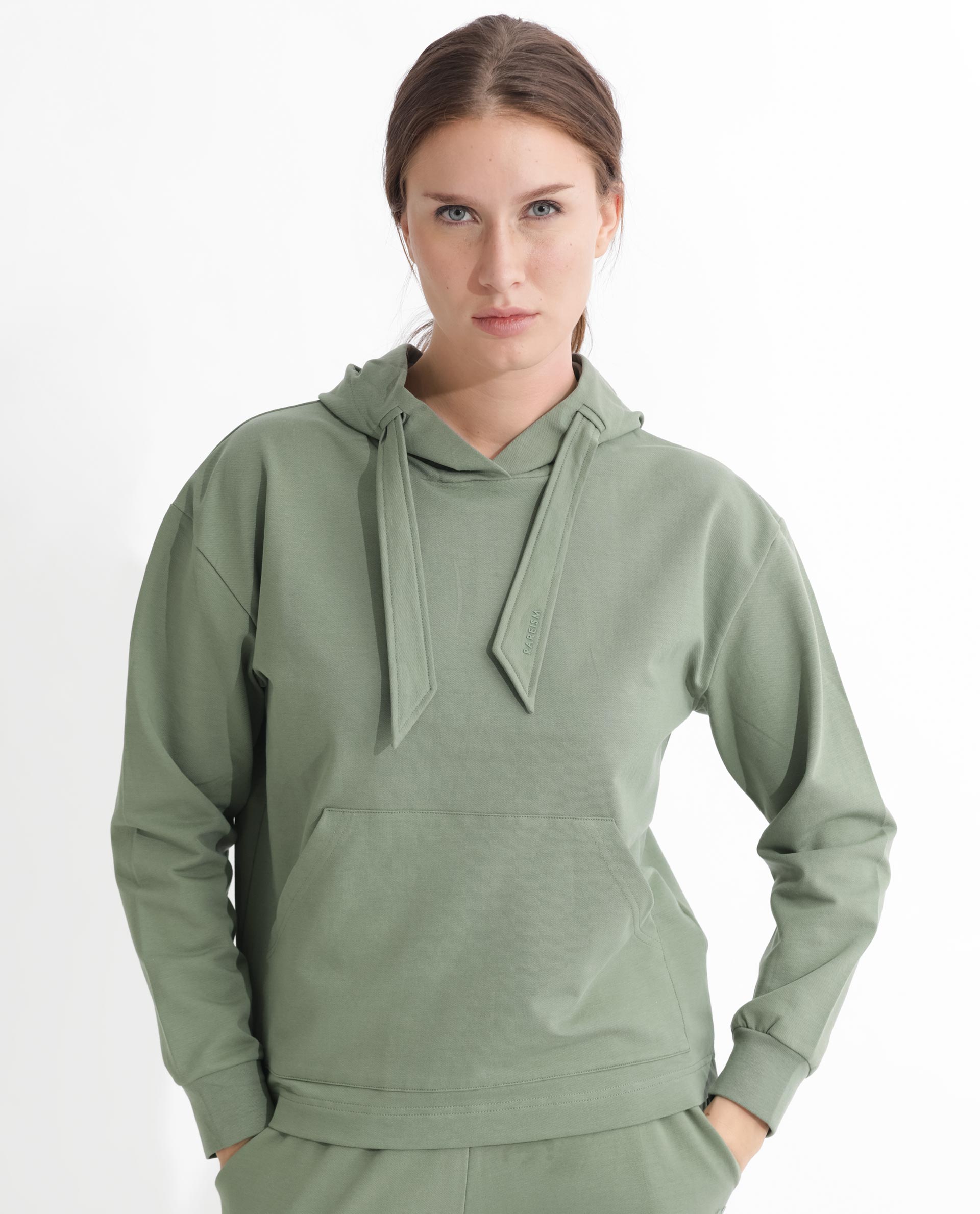 Rareism Women's Flynn Dusky Green Cotton Blend Hooded Plain Regular Fit Sweatshirt
