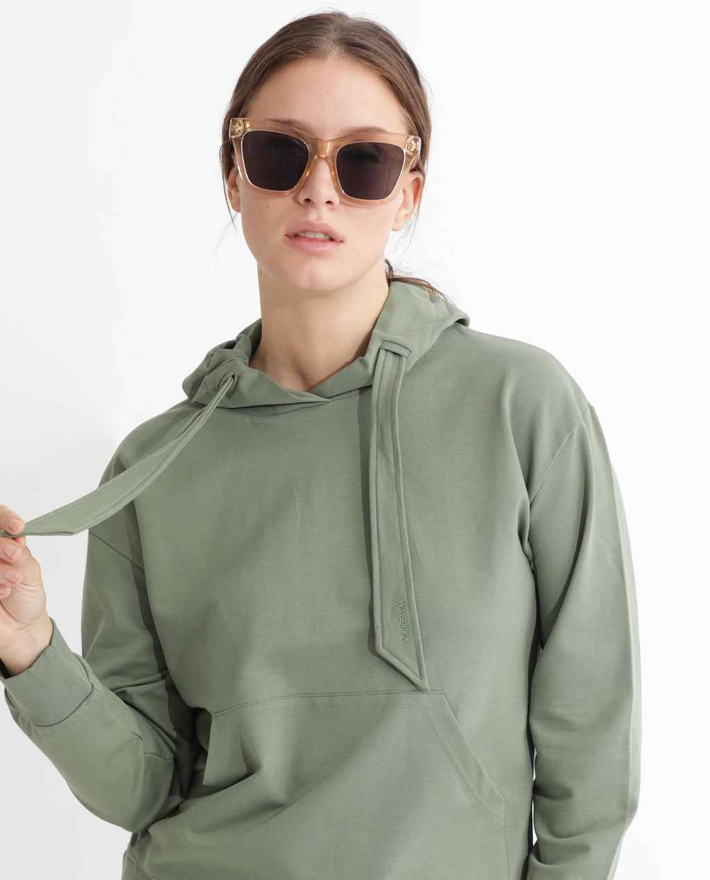 Rareism Women's Flynn Dusky Green Cotton Blend Hooded Plain Regular Fit Sweatshirt