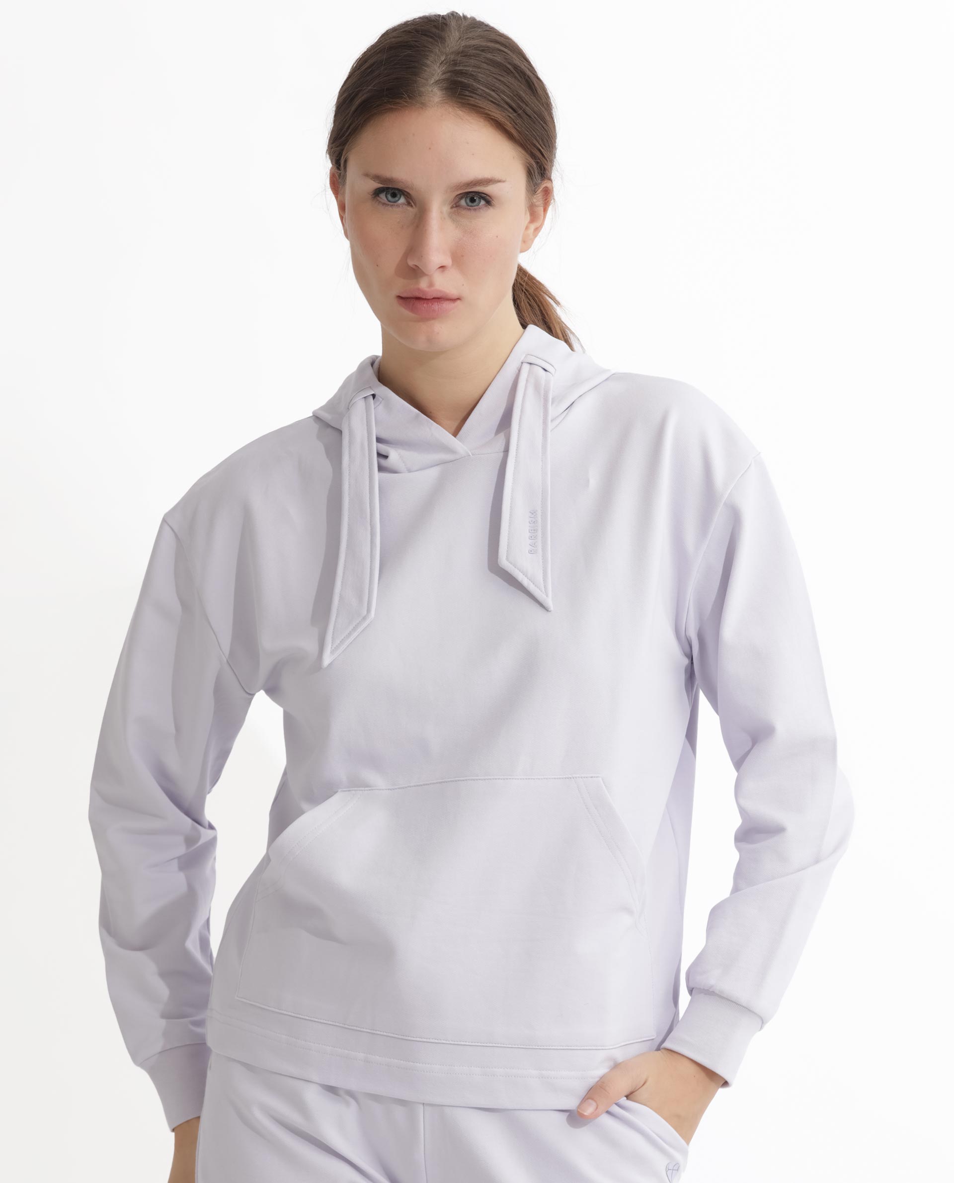 Rareism Women's Flynn Pastel Purple Cotton Blend Hooded Plain Regular Fit Sweatshirt