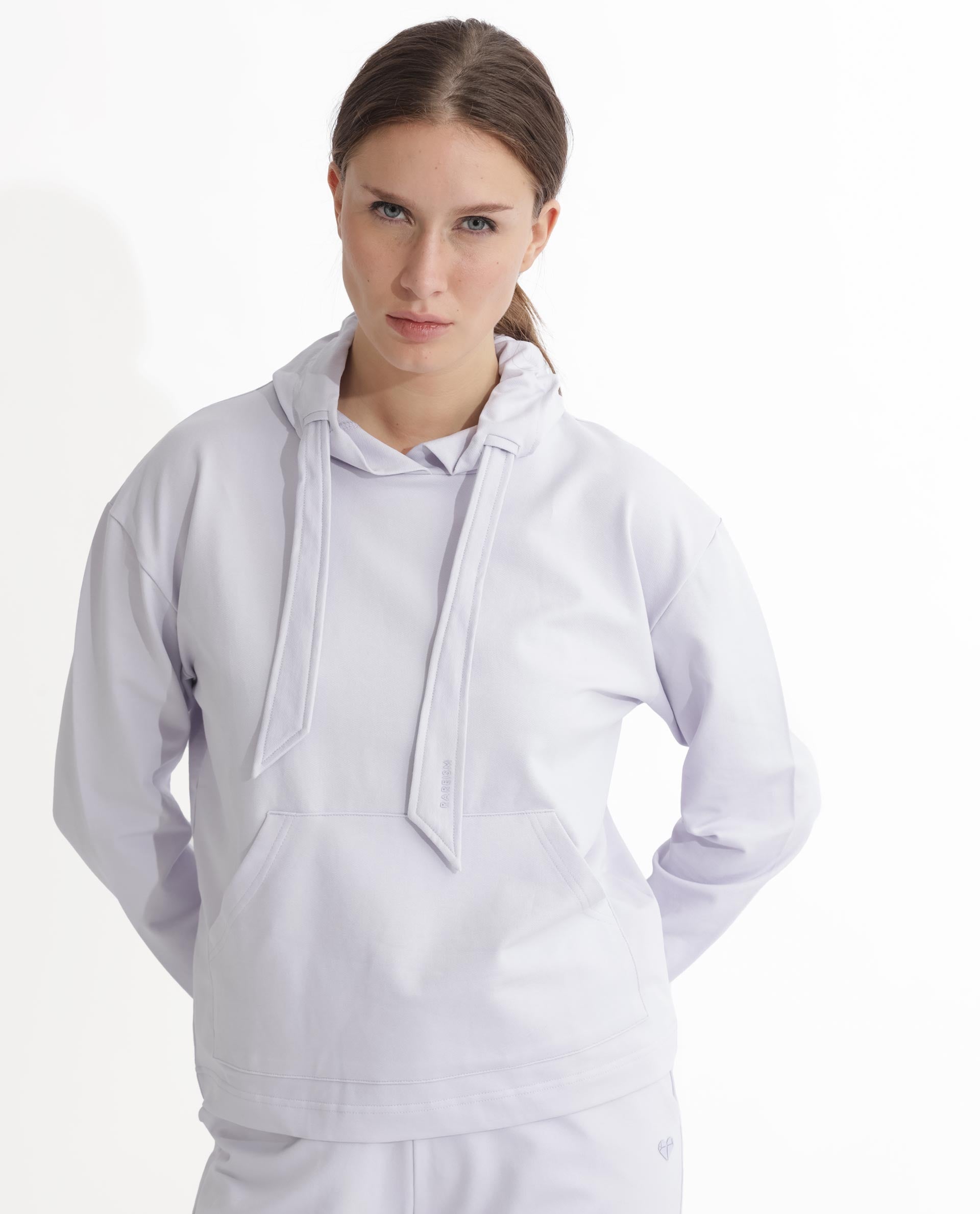 Rareism Women's Flynn Pastel Purple Cotton Blend Hooded Plain Regular Fit Sweatshirt