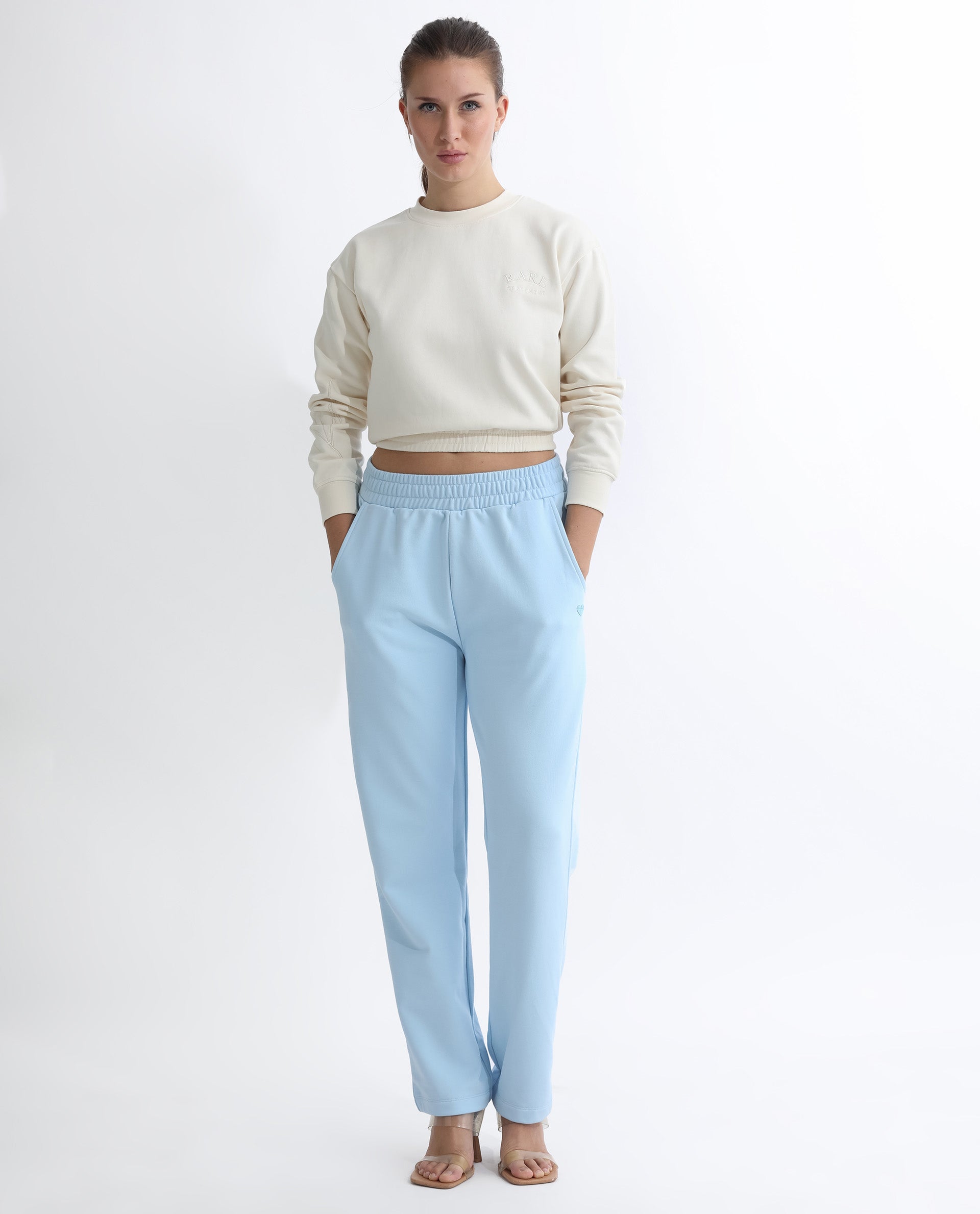 Rareism Women's Fronk Light Blue Polyester Blend Plain Ankle Length Tailored Track Pant