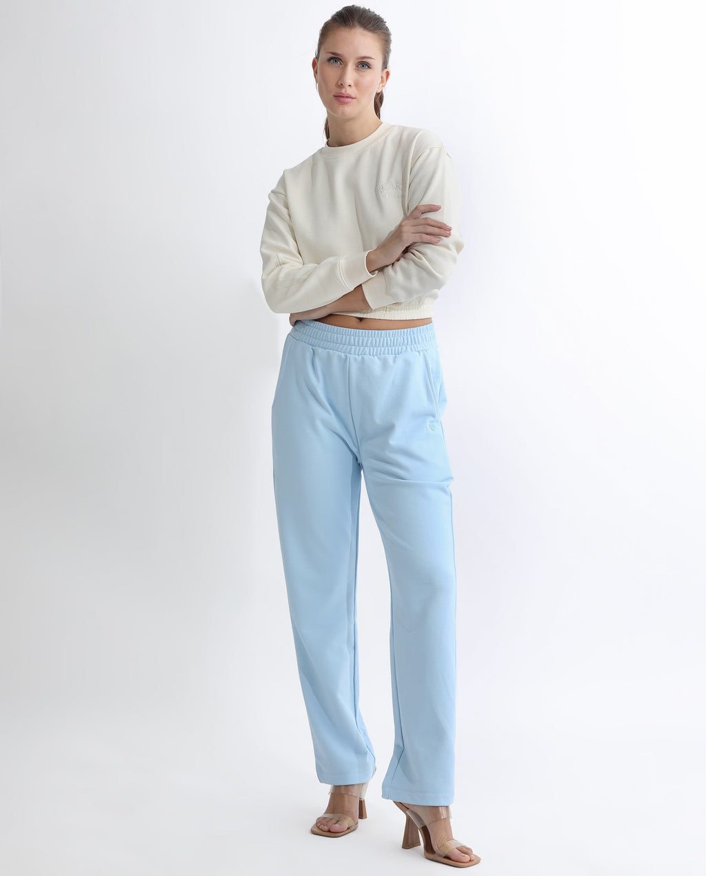 Rareism Women's Fronk Light Blue Polyester Blend Plain Ankle Length Tailored Track Pant