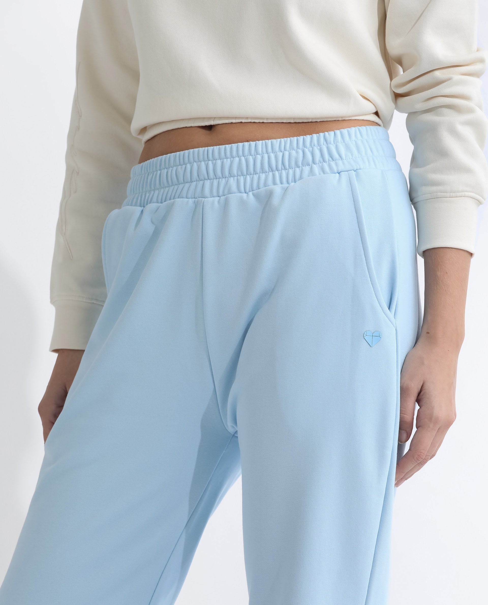 Rareism Women's Fronk Light Blue Polyester Blend Plain Ankle Length Tailored Track Pant