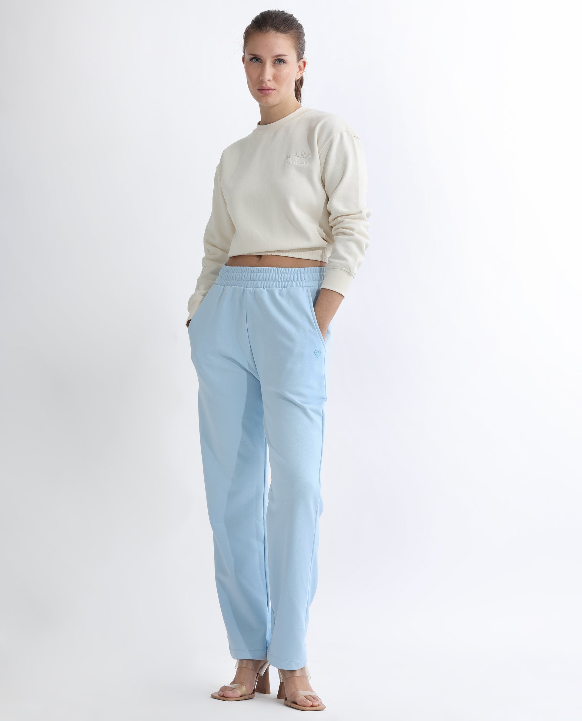 Rareism Women's Fronk Light Blue Polyester Blend Plain Ankle Length Tailored Track Pant