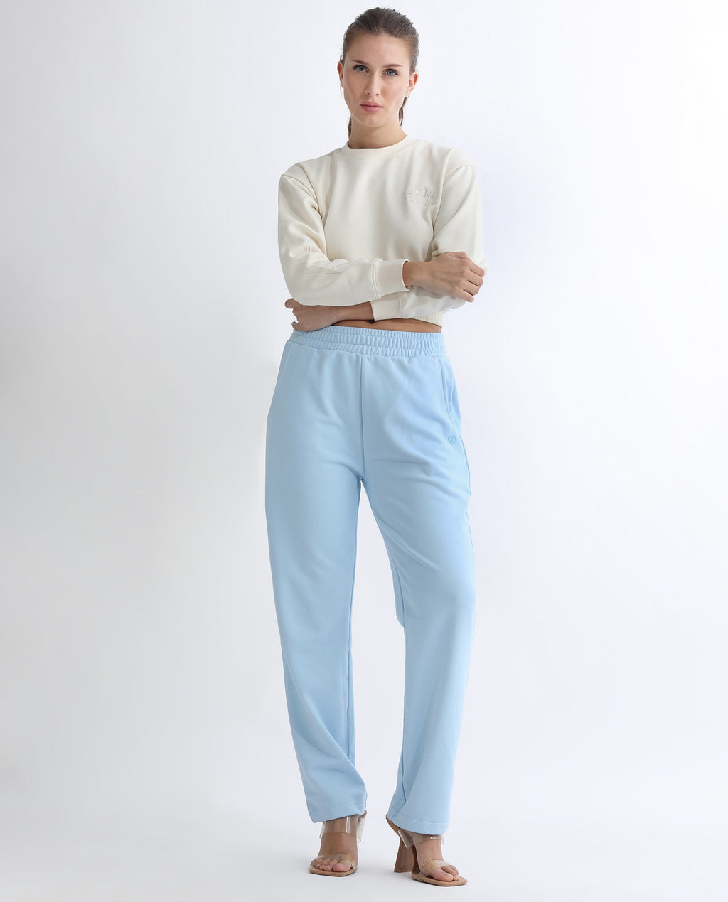 Rareism Women's Fronk Light Blue Polyester Blend Plain Ankle Length Tailored Track Pant