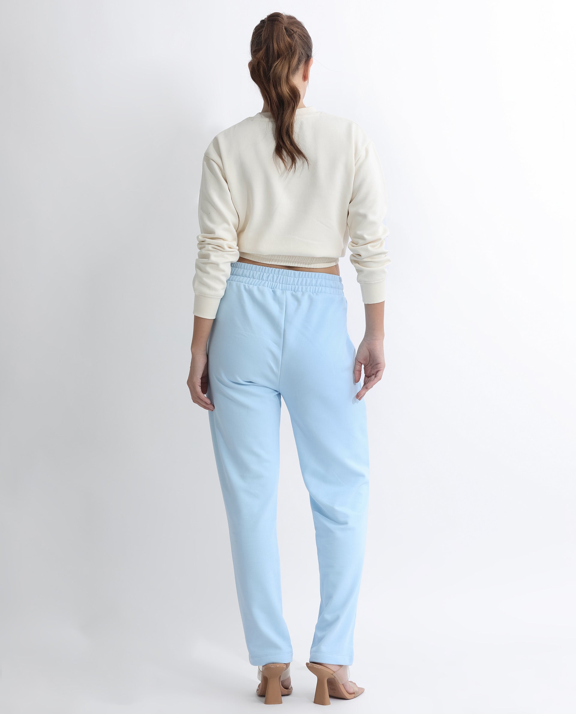 Rareism Women's Fronk Light Blue Polyester Blend Plain Ankle Length Tailored Track Pant