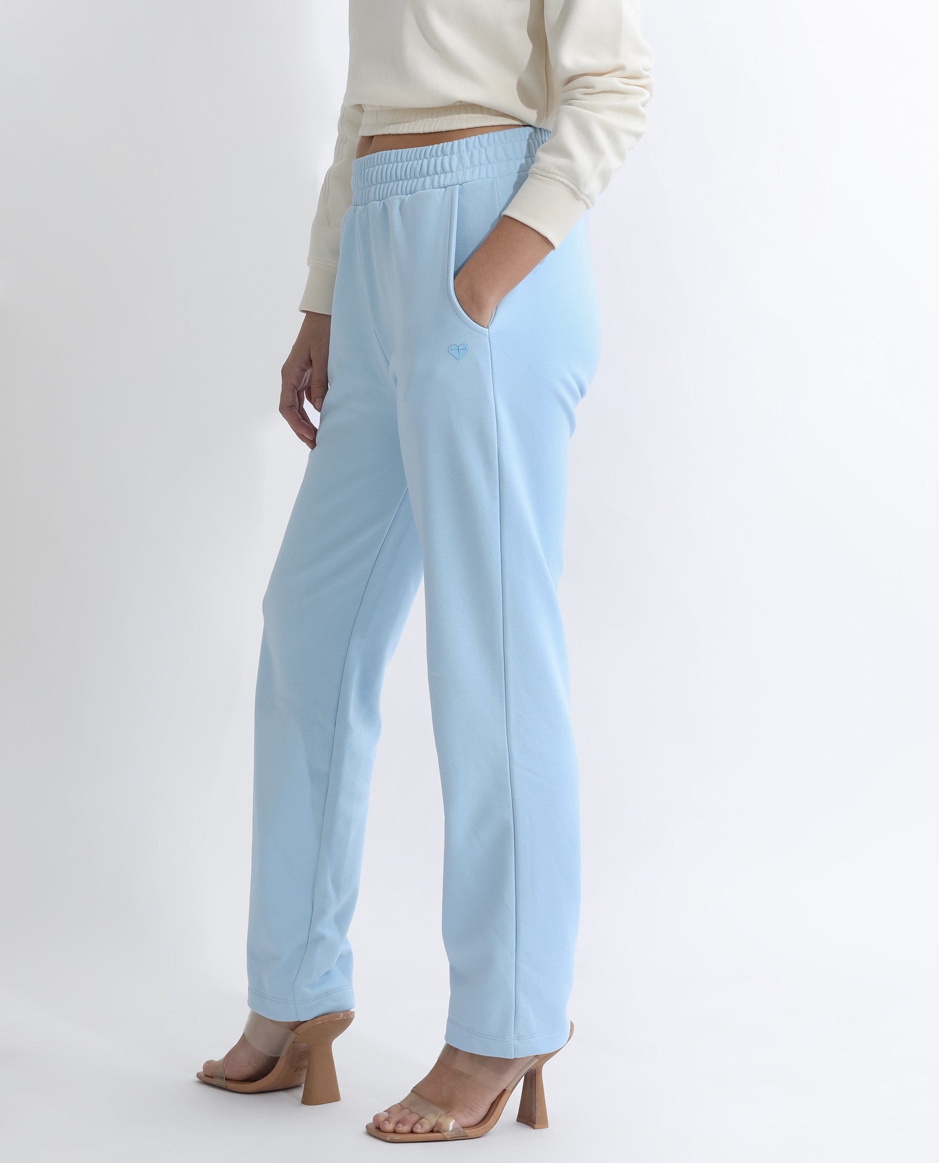 Rareism Women's Fronk Light Blue Polyester Blend Plain Ankle Length Tailored Track Pant