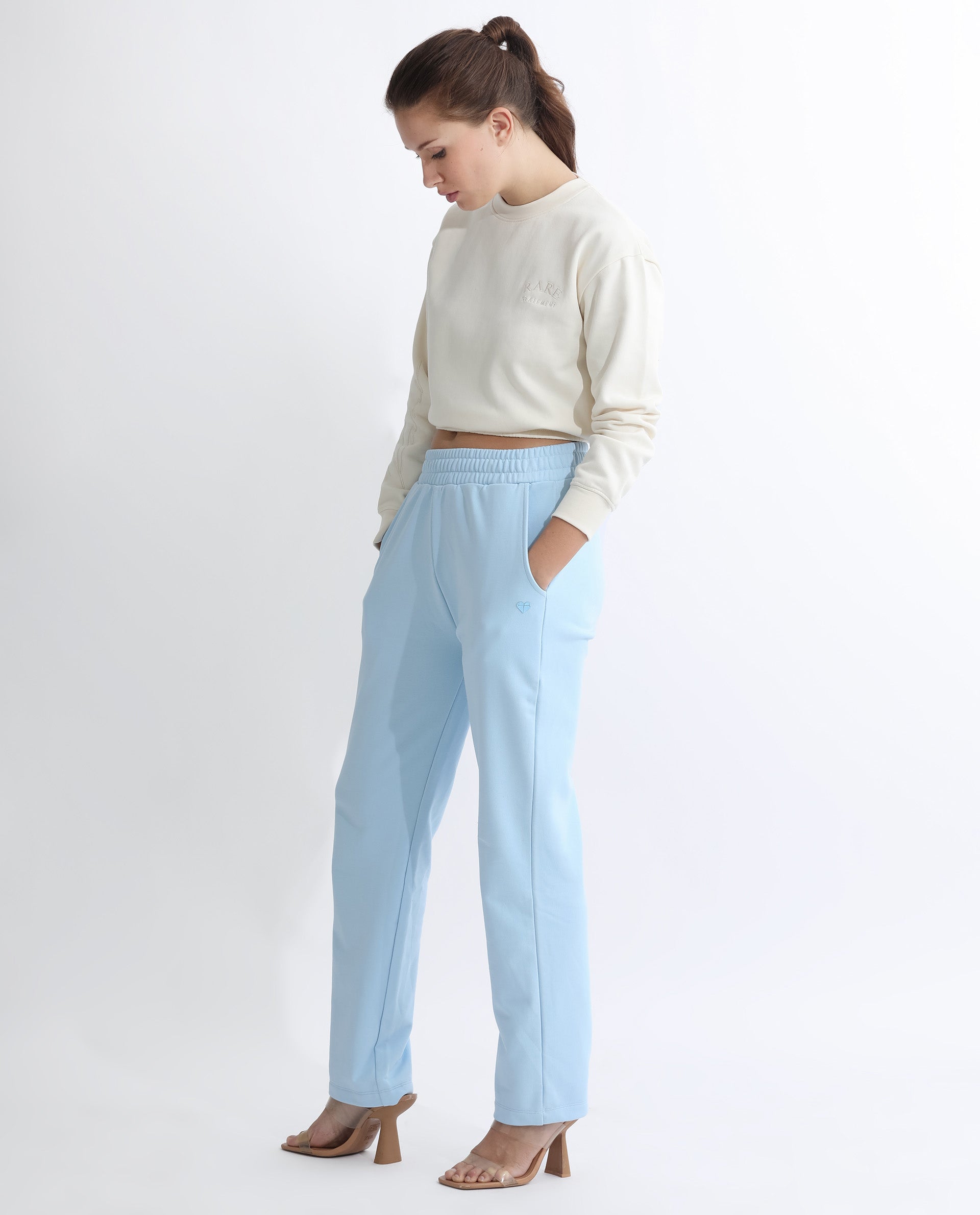 Rareism Women's Fronk Light Blue Polyester Blend Plain Ankle Length Tailored Track Pant
