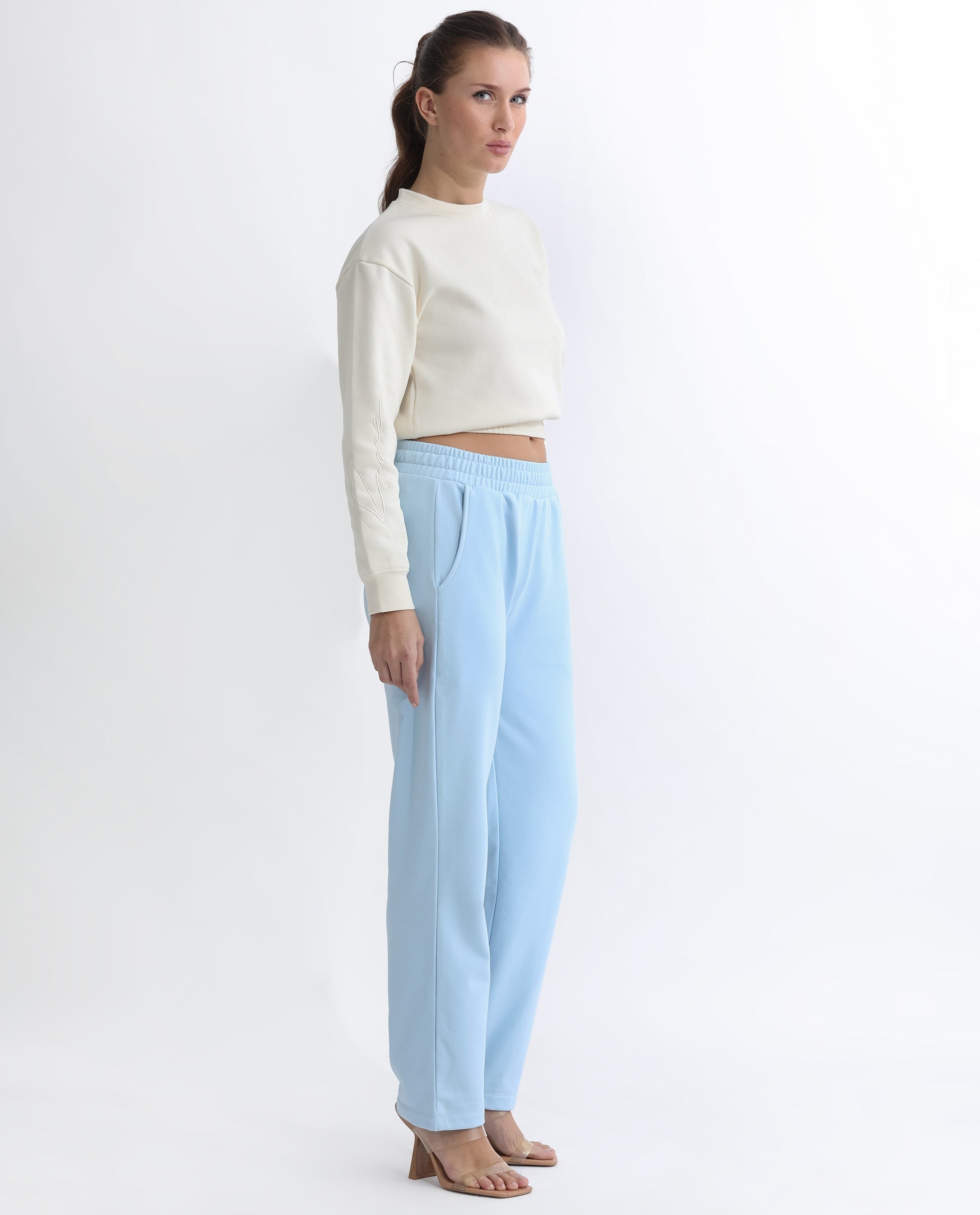 Rareism Women's Fronk Light Blue Polyester Blend Plain Ankle Length Tailored Track Pant