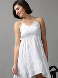 Women's White Self Design Halter Neck High-Low Dress