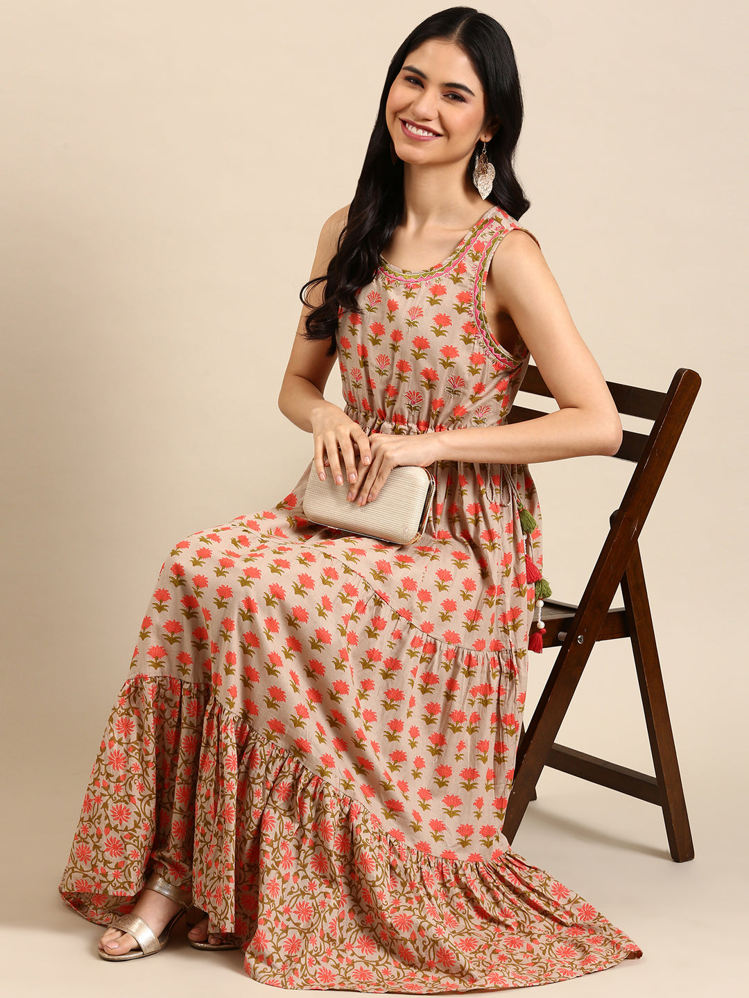 Women's Beige Floral Embroidered Floral Anarkali Kurta