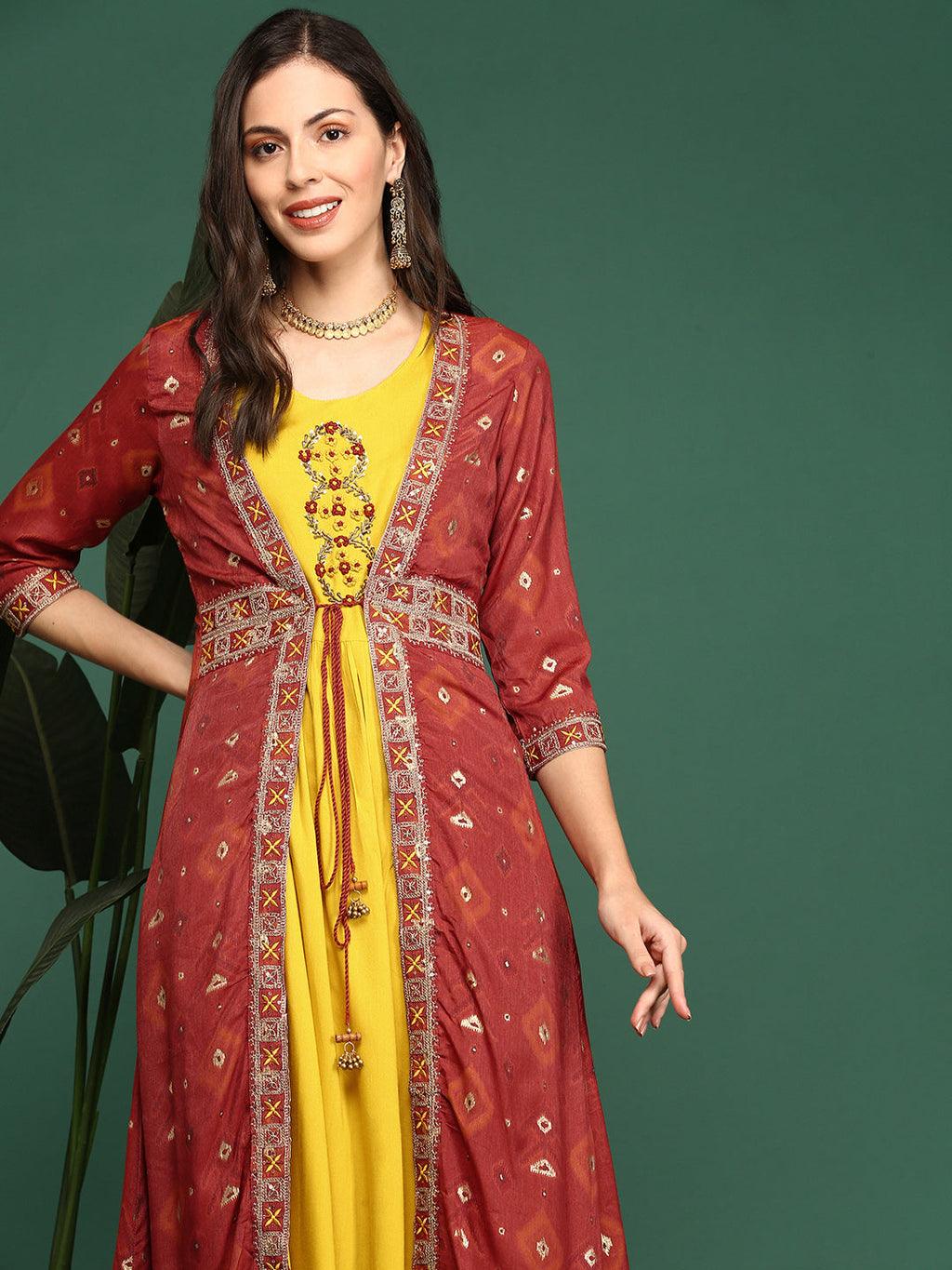 Women's Green Round Neck Sleeveless Ankle Length Empire Anarkali Kurta