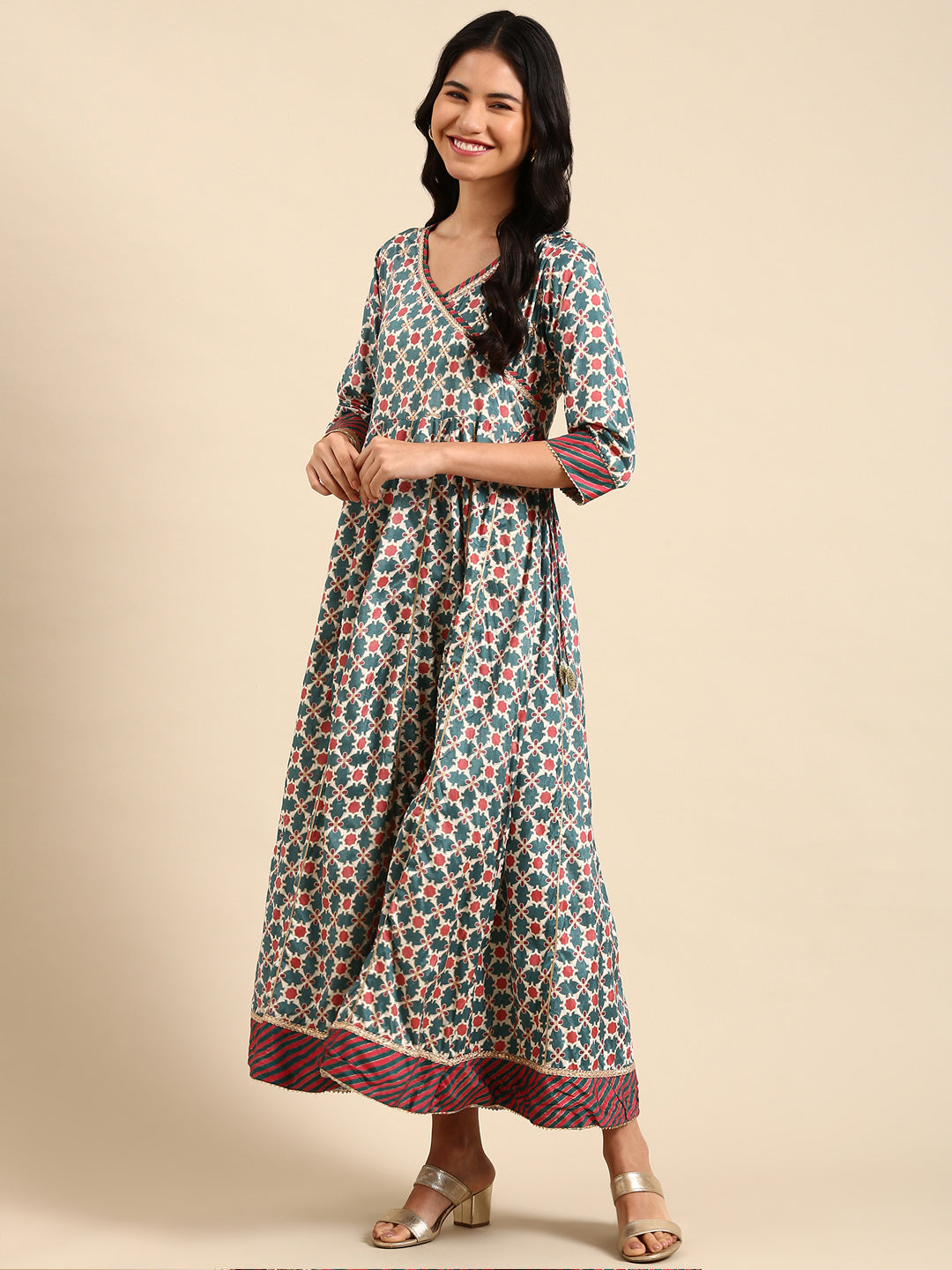 Women's Teal Floral Striped Flared Sleeves Floral Chanderi Silk Anarkali Kurta
