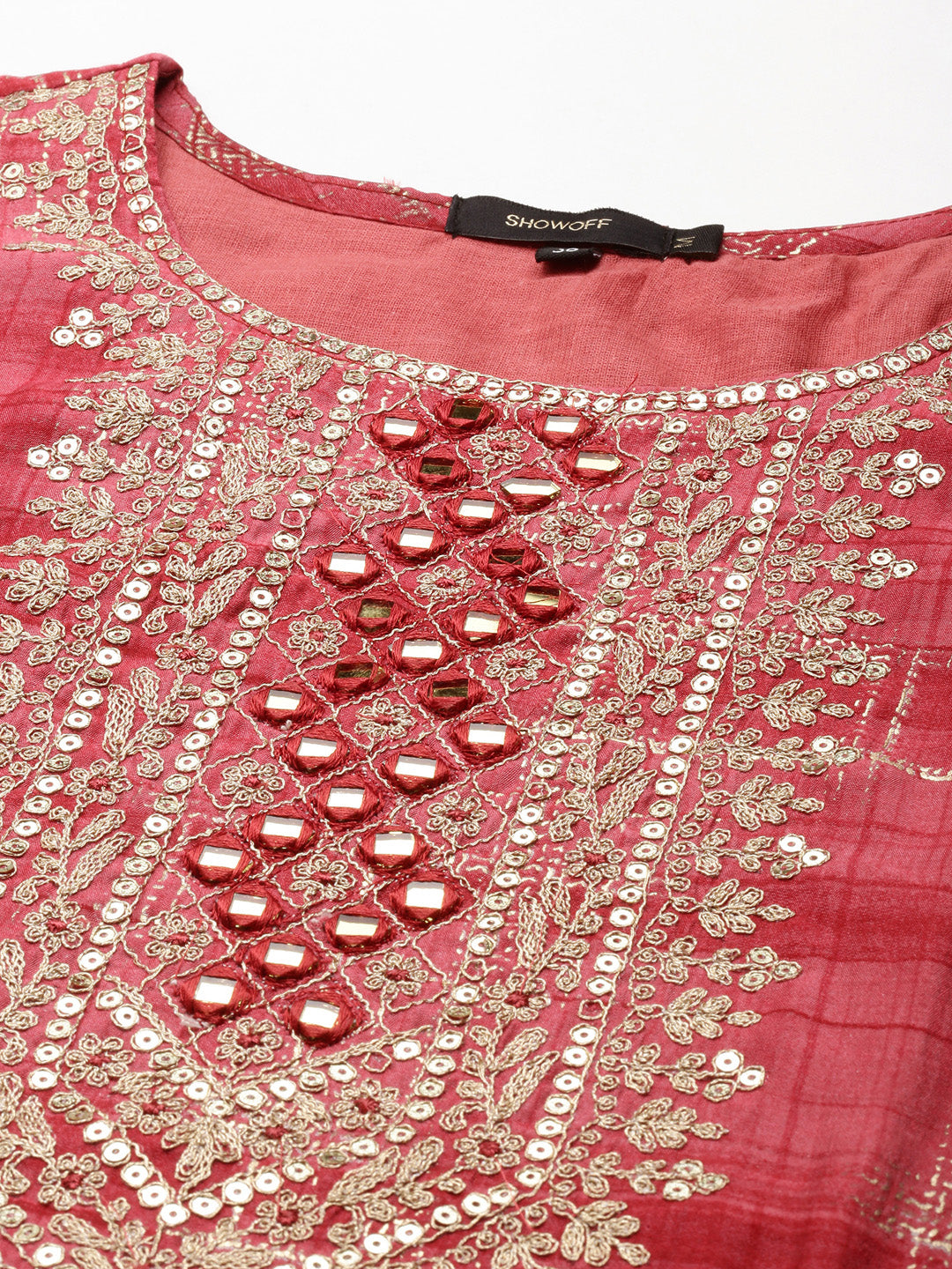 Women's Coral Ethnic Motifs Mirror Work Straight Kurta
