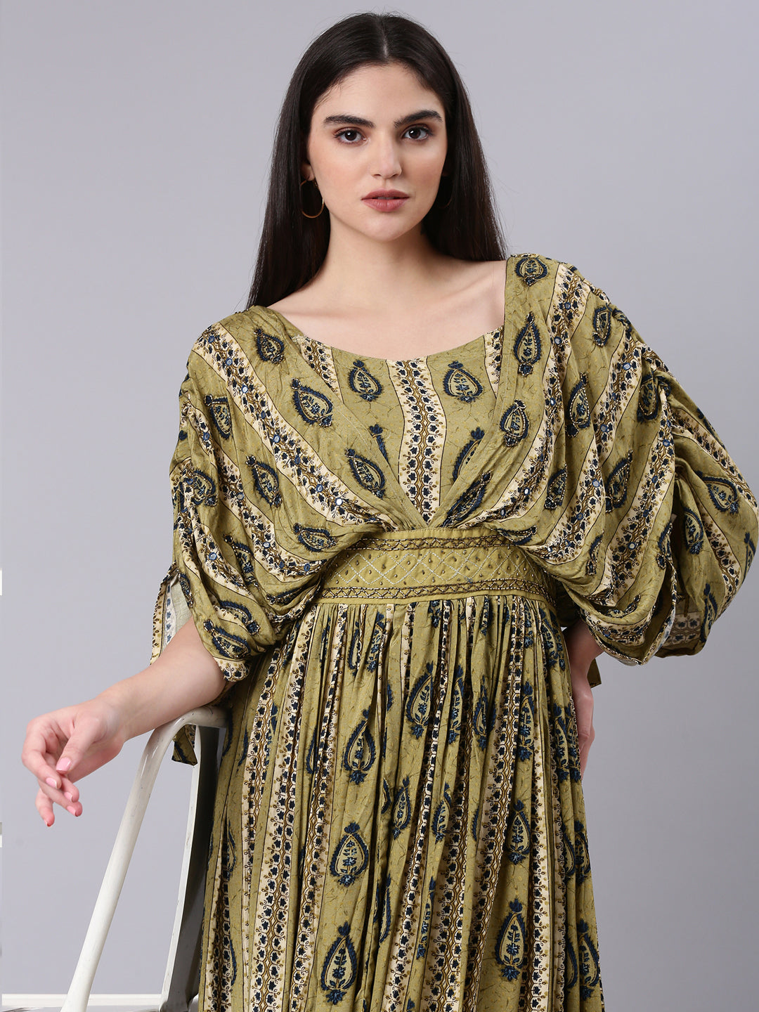 Women's Olive Ethnic Motifs Print Kimono Sleeve Fit & Flare Dress