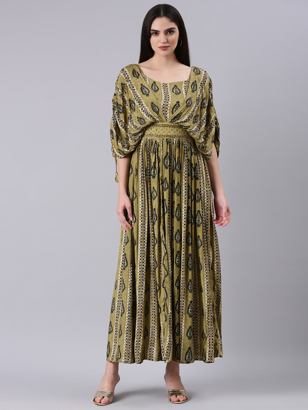 Women's Olive Ethnic Motifs Print Kimono Sleeve Fit & Flare Dress