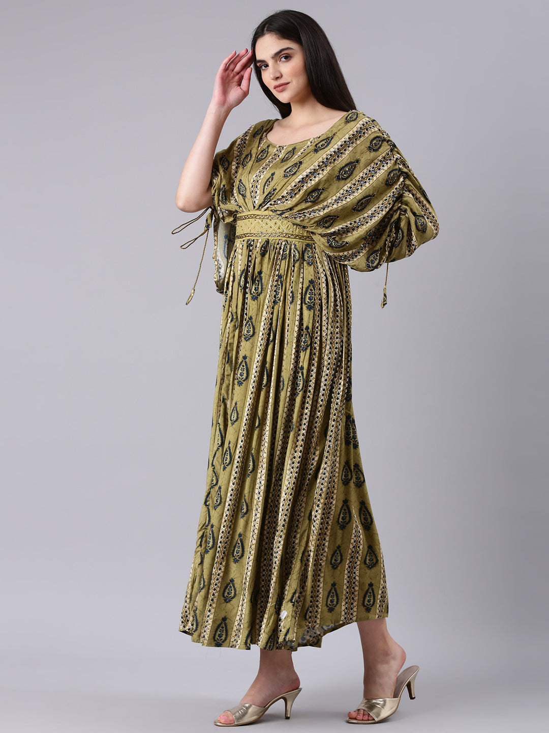 Women's Olive Ethnic Motifs Print Kimono Sleeve Fit & Flare Dress