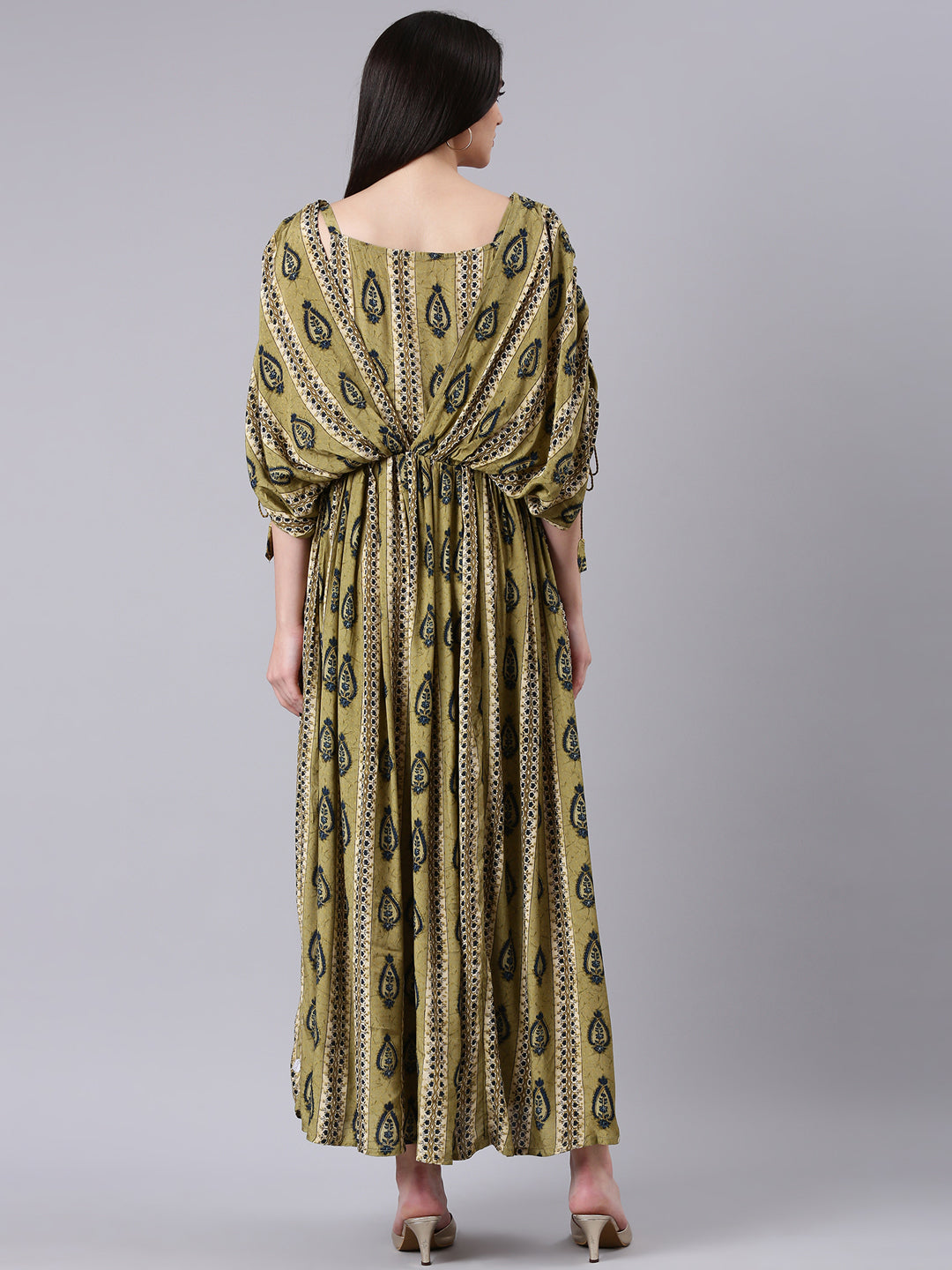 Women's Olive Ethnic Motifs Print Kimono Sleeve Fit & Flare Dress