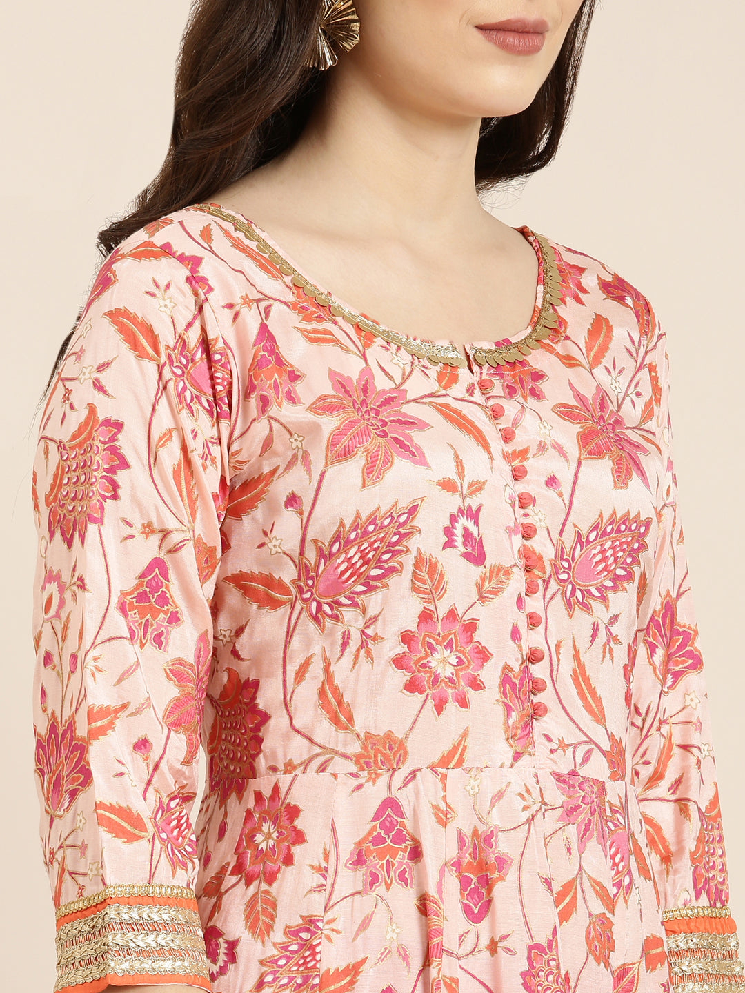Women's Peach Floral Printed Anarkali Kurta with Dupatta